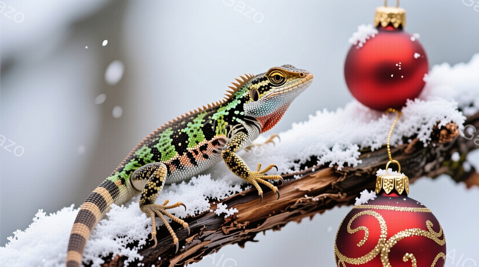明るい緑色と黒色の模様を持つトカゲが、雪で覆われた木の枝に止まっています。背景には、金色の装飾が施された赤いクリスマスオーナメントが2つあり、冬の休日の雰囲気を醸し出しています。トカゲの鮮やかな色彩と - AI生成フリー素材