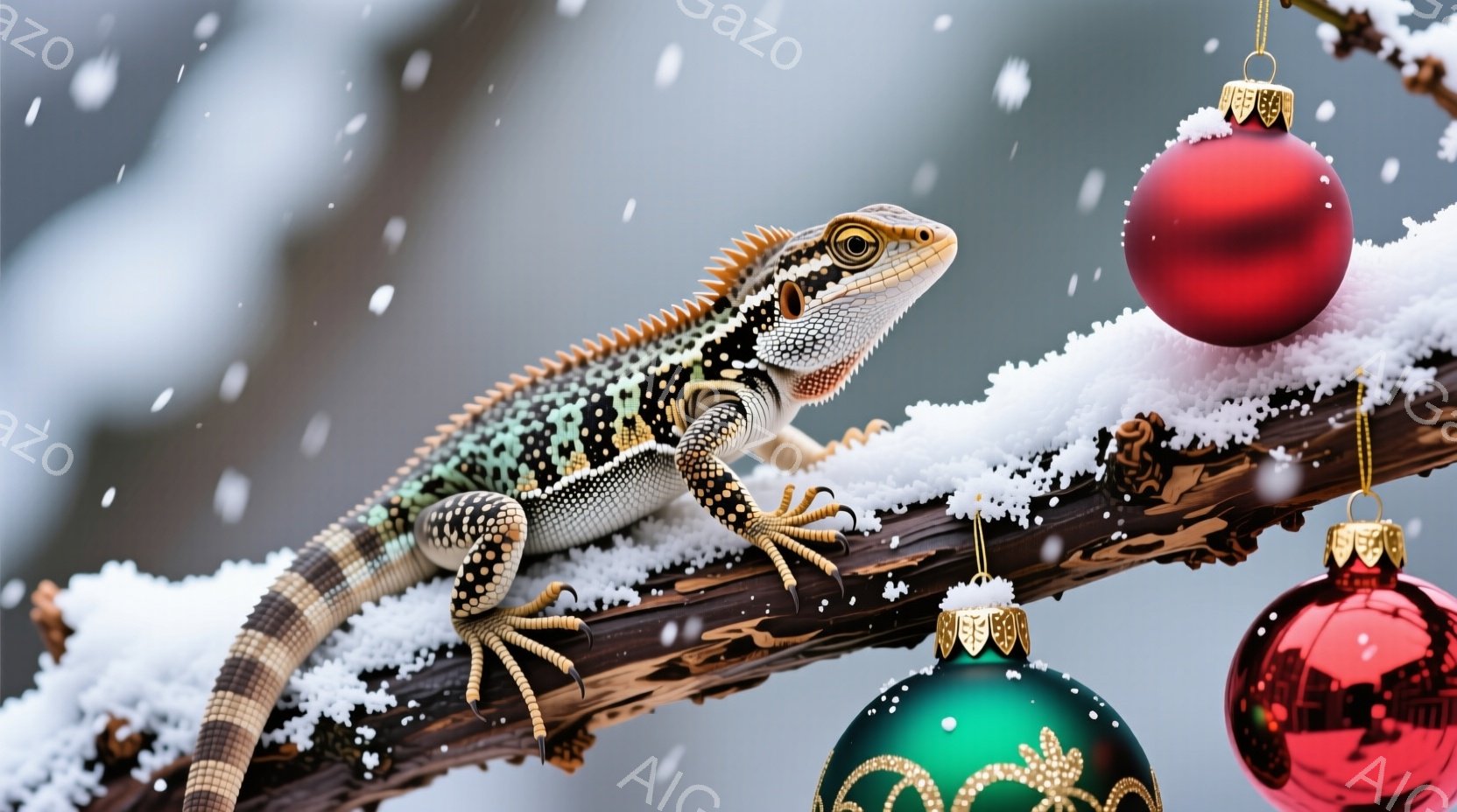 雪をまとった茶色の枝に、鮮やかな色彩のトカゲがとぐろを巻いています。その体は緑、黒、オレンジ色の模様で覆われ、鋭い目つきでこちらを見つめています。背景には、クリスマスオーナメントの赤いボールや緑色のボ - AI生成フリー素材