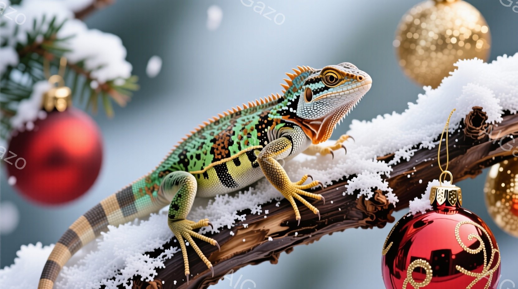 クリスマスツリーの枝に、鮮やかな色のトカゲがとまっています。雪が枝に積もり、赤いオーナメントがトカゲの周りに配置され、冬のホリデーシーズンを象徴しています。トカゲは、警戒しながらも落ち着いた表情で、少し上を見ているようです。