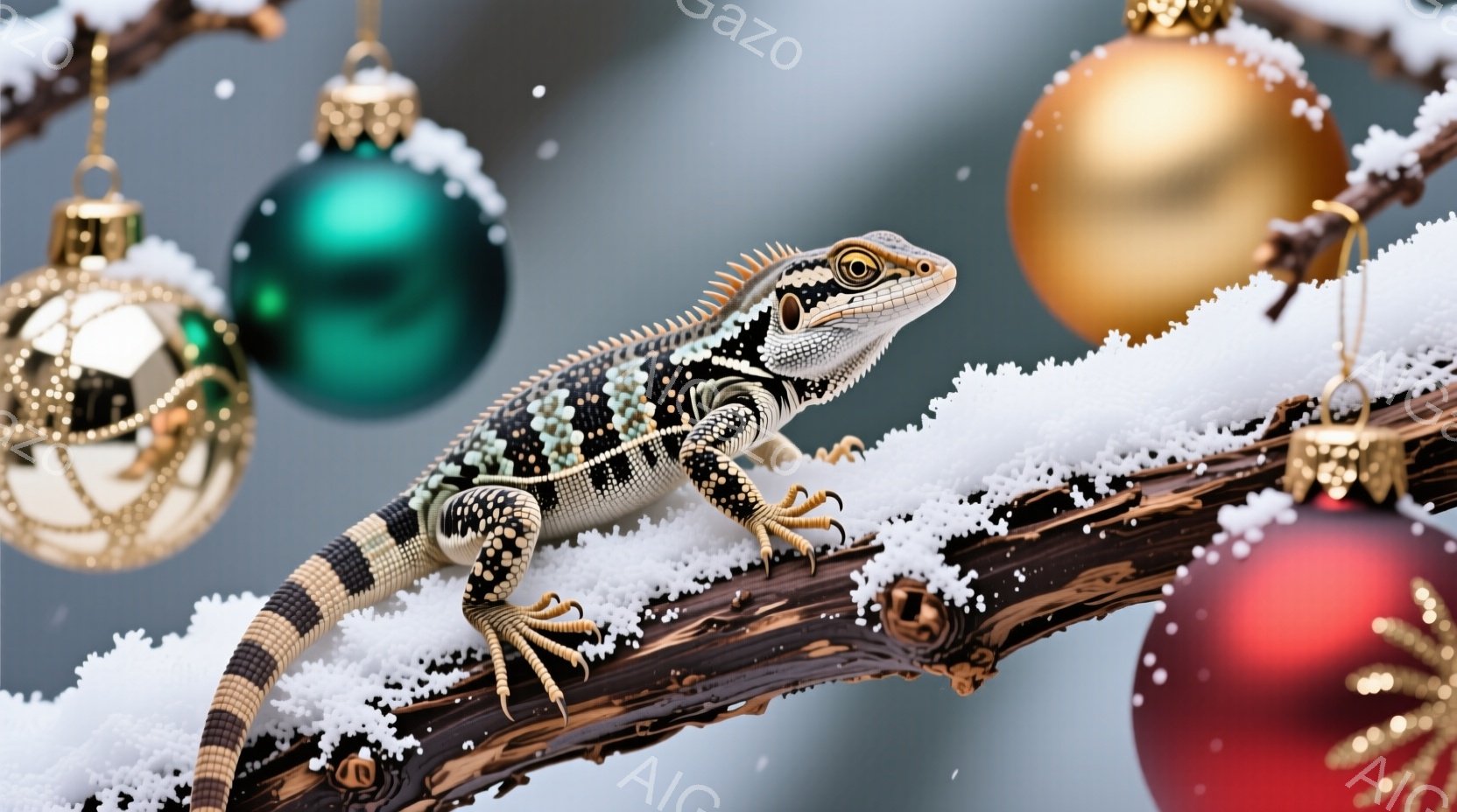 霜で覆われた木の枝に、鮮やかな模様のトカゲがしがみついている。トカゲは鋭い眼光で正面を見つめ、冬の装飾である金、赤、緑のクリスマスオーナメントが背景にぼやけて見える。この画像は、鮮やかな色彩と細部が際 - AI生成フリー素材