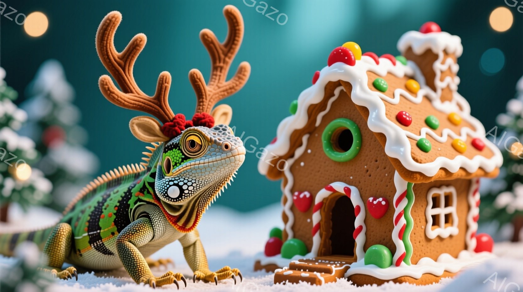 鮮やかな緑色のトカゲが、クリスマスの角飾りをつけて雪の上に立っています。背景には、お菓子の家と雪に覆われたクリスマスツリーが見え、まるでファンタジーの世界のようです。全体的に温かく、お祝いの雰囲気で、遊び心に満ちたクリスマスのシーンが描かれています。