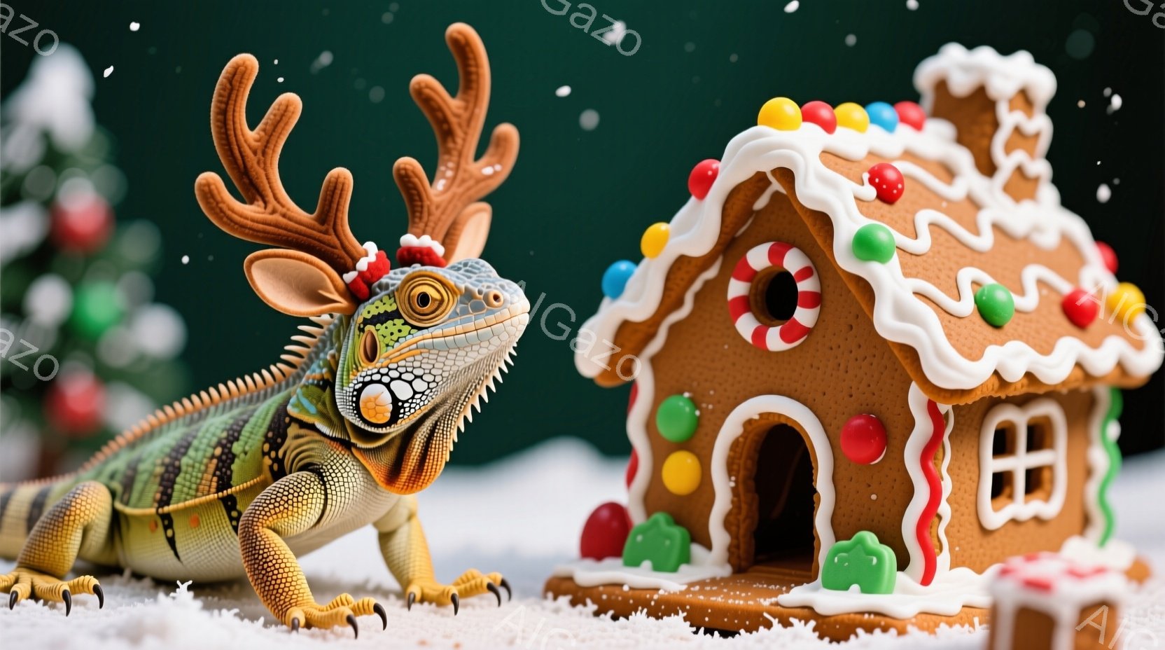 トカゲがクリスマスらしいトナカイの角のヘッドバンドをつけて、雪の上に立っています。背景には、カラフルなキャンディーやアイシングで飾られたジンジャーブレッドハウスと、ぼやけたクリスマスツリーが見えます。 - AI生成フリー素材