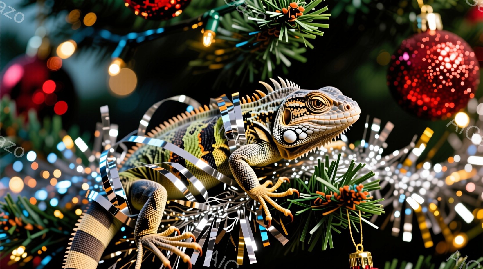 クリスマスツリーの枝に、緑と灰色のイグアナがしがみついています。ツリーは緑の葉と赤い飾りで彩られ、きらめくライトと銀色のリボンがイグアナを囲み、お祝いの雰囲気を醸し出しています。イグアナは前足を伸ばし、興味深げにこちらを見ているようです。