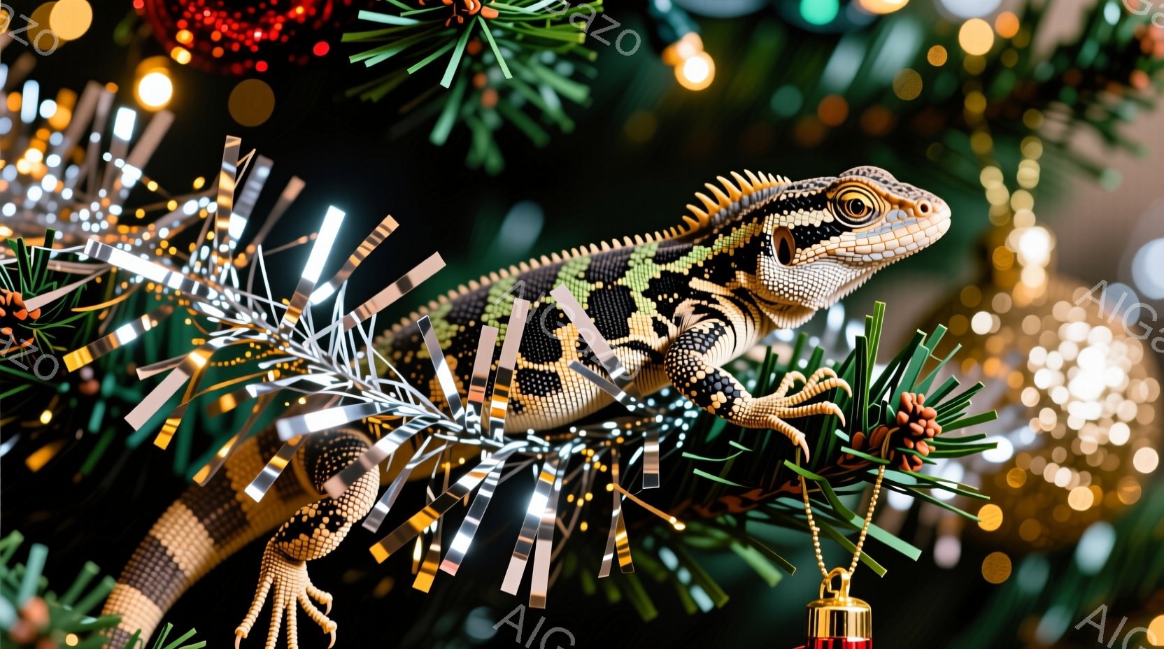クリスマスツリーの枝に、鮮やかな模様のトカゲがとぐろを巻いています。背景には、ぼやけたクリスマス装飾が輝き、暖かくお祝いの雰囲気を醸し出しています。トカゲはリラックスした姿勢で、まるでクリスマスツリー - AI生成フリー素材