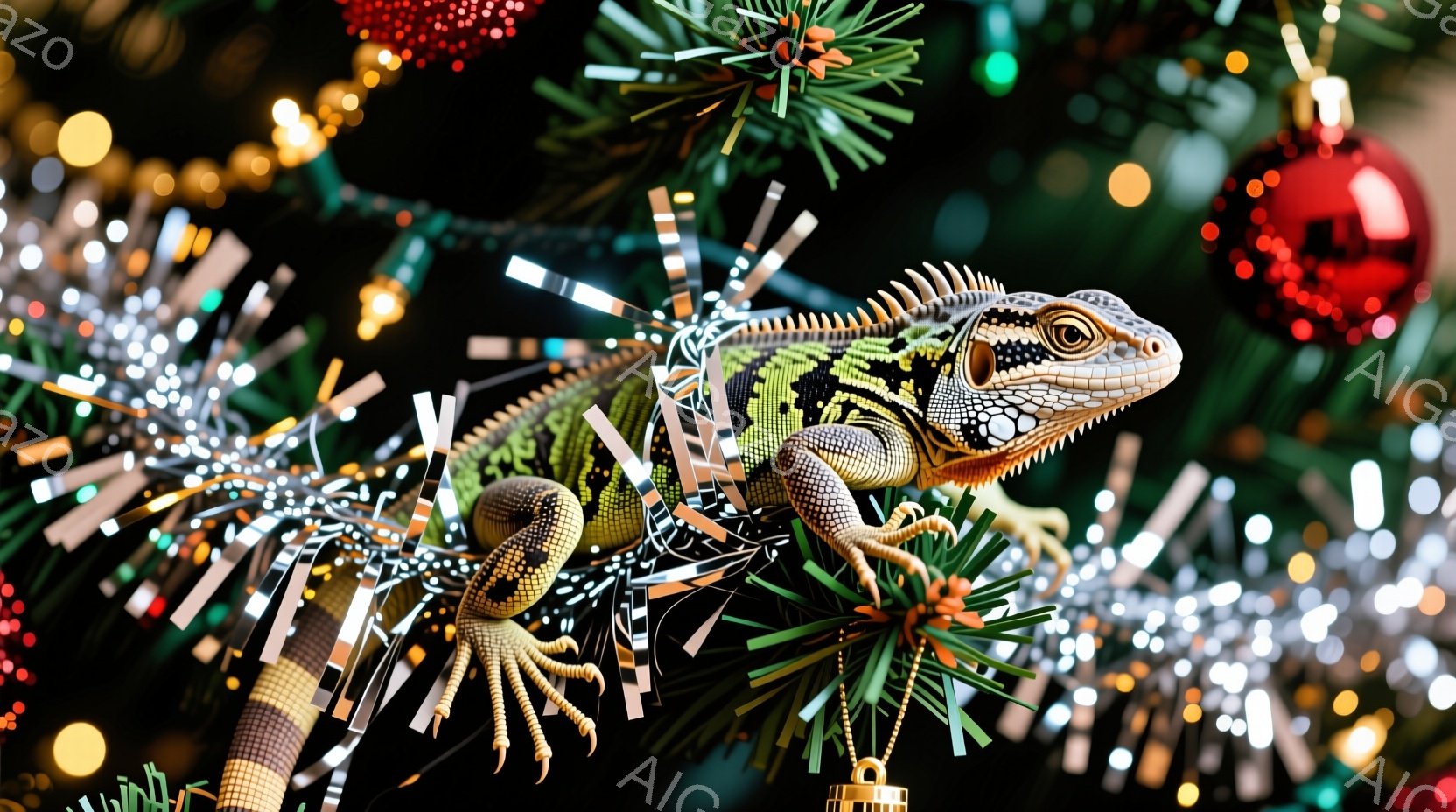クリスマスツリーの枝に、鮮やかな緑色のイグアナがとぐろを巻いており、まるで装飾の一部のように見える。背景には、ぼやけたクリスマスツリーのオーナメントや光が散りばめられ、暖かくお祝いムードを醸し出している。イグアナの表情は穏やかで、リラックスした様子がうかがえる。