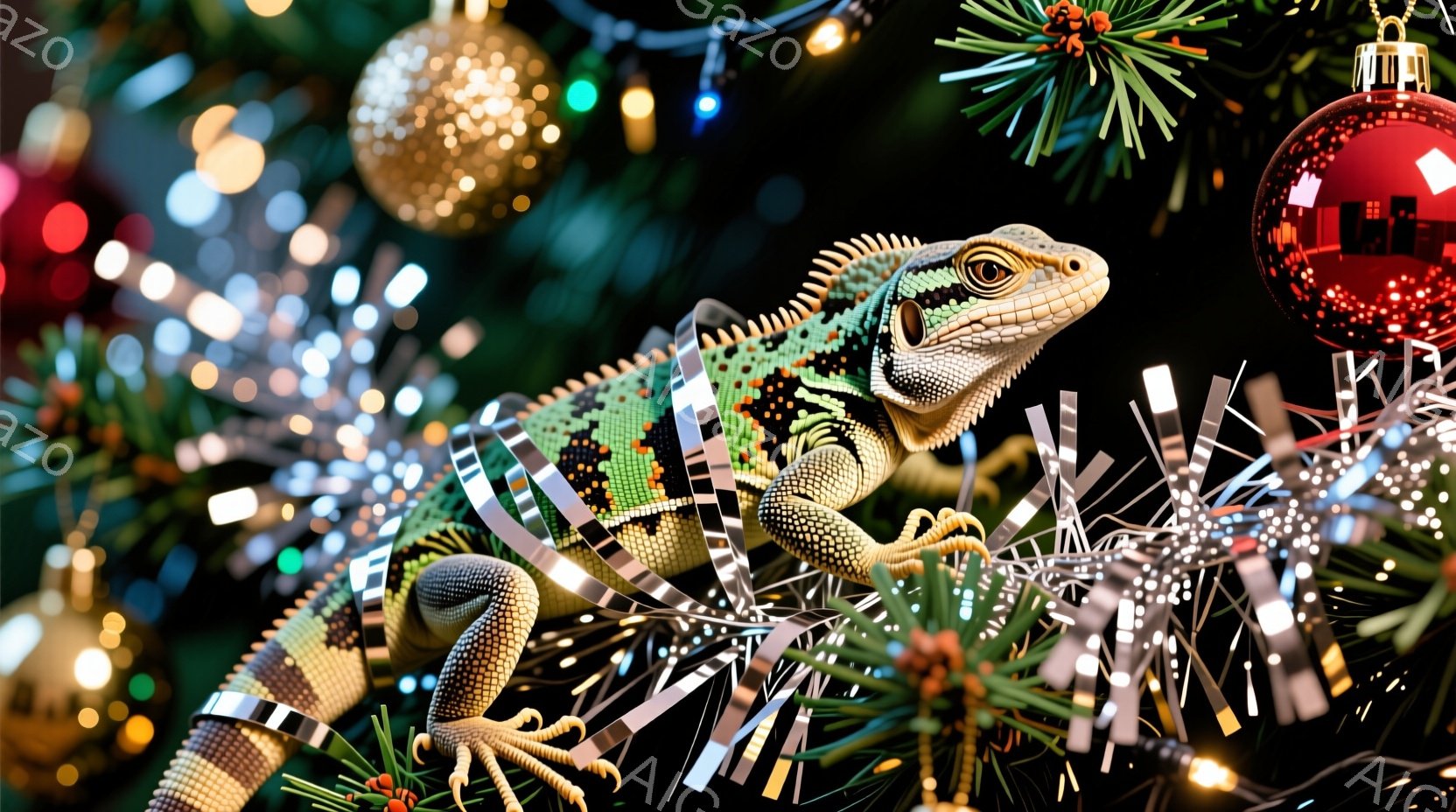 鮮やかな緑色のイグアナが、クリスマスツリーの枝に巻き付いており、銀色のガーランドの上を這っています。イグアナは鋭い眼差しでこちらを見ており、その鱗は細かい模様で覆われています。背景には、赤いクリスマスオーナメントやぼやけた光が散りばめられ、華やかでファンタジックな雰囲気を醸し出しています。