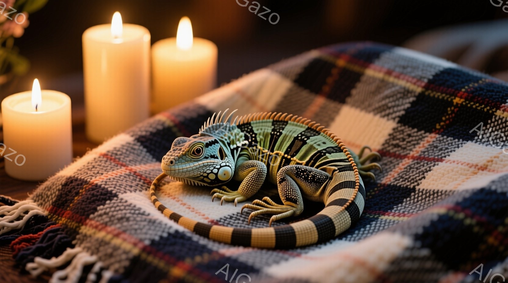 鮮やかな緑色のイグアナが、青とグレーのチェック柄の毛布の上に丸まって横たわっています。その姿はリラックスしており、周囲には温かい光を放つ2本のキャンドルが置かれています。毛布のフリンジがイグアナの周りを飾り、穏やかで静謐な雰囲気を醸し出しています。