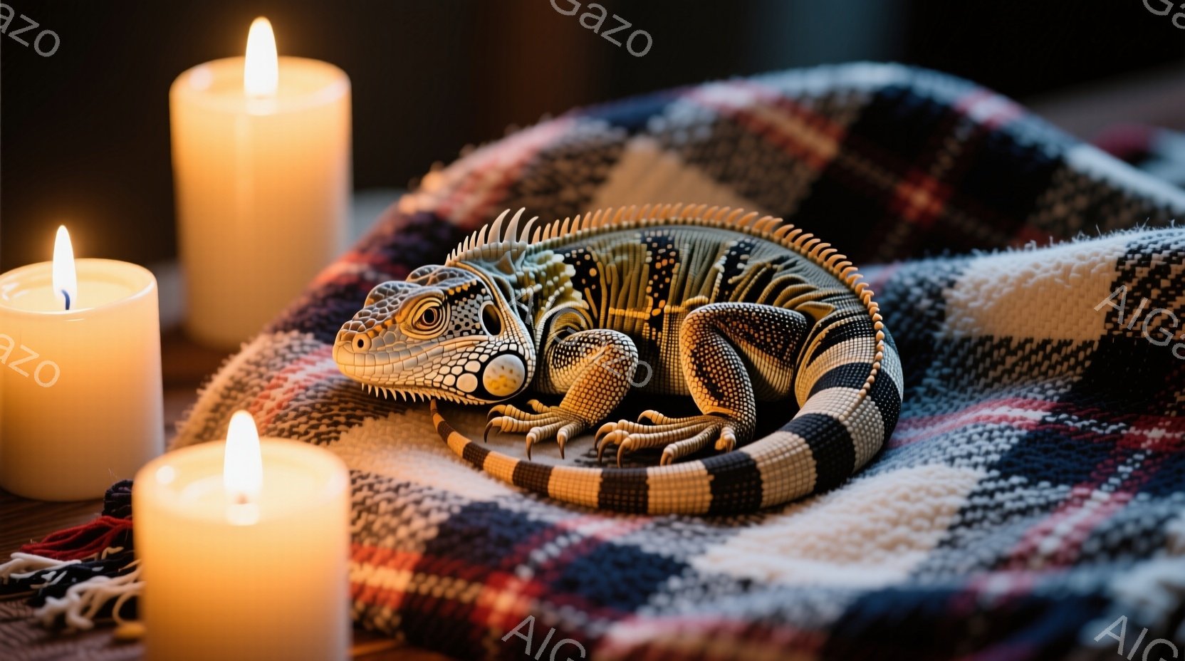 縞模様のトカゲがチェック柄の布の上に丸まって横たわっています。周囲には点灯したキャンドルが配置され、暖かく柔らかな光がトカゲを照らしています。背景は暗く、キャンドルの光が主な光源となっています。 - AI生成フリー素材