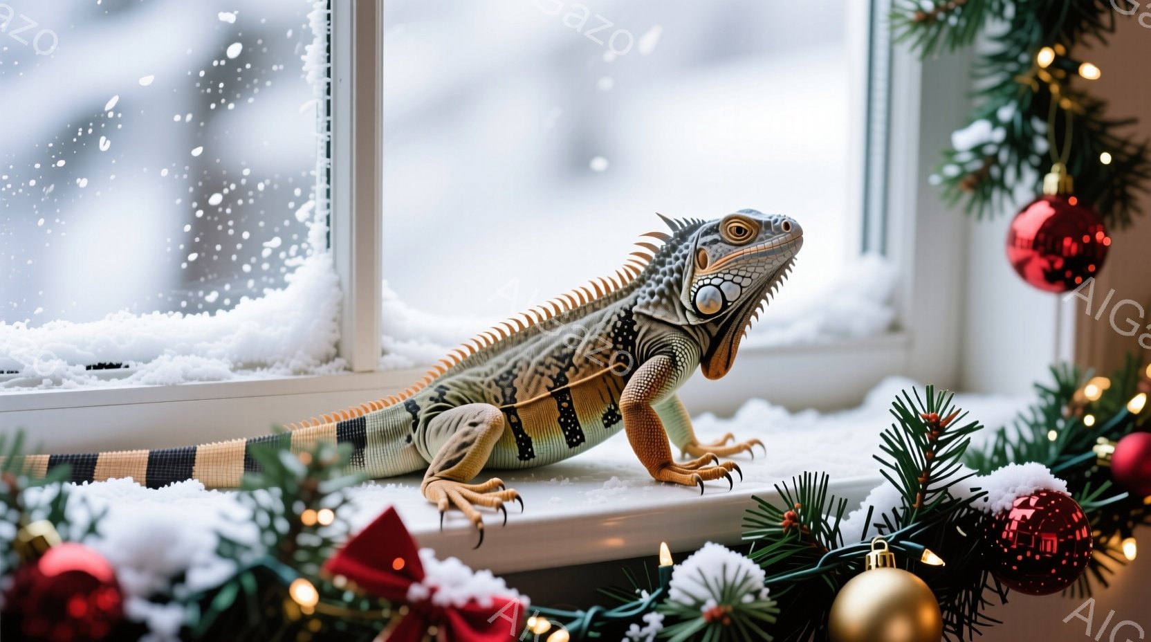 白い窓枠に、鮮やかな緑と黒の模様を持つ大きなイグアナが横たわっています。背景には、クリスマスツリーの飾りや赤いオーナメントが散りばめられており、窓の外には雪が降る冬の景色が見えます。全体的に、暖かく、お祝いの雰囲気が漂う、ユニークな冬の情景です。
