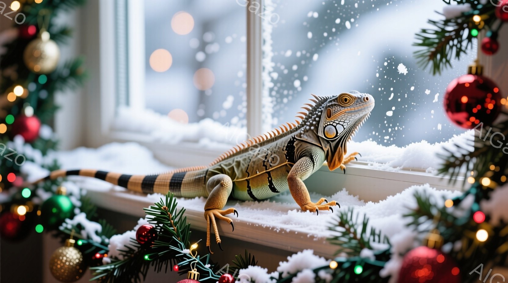 白い窓枠に、鮮やかな緑色のイグアナが横たわっている。背景には、クリスマスツリーの飾りと、雪が舞う冬の景色が見え、祝祭の雰囲気を醸し出している。イグアナはリラックスした様子で、周囲の装飾と雪景色の中に溶 - AI生成フリー素材