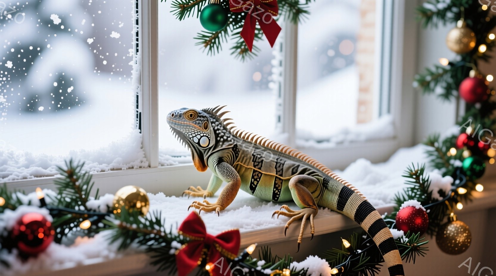 窓辺に、緑と灰色の縞模様の服を着たイグアナが横たわっています。背景にはクリスマスツリーの飾りと雪が舞い、室内は温かく、冬のホリデーシーズンを思わせる雰囲気です。イグアナはリラックスした様子で、まるでクリスマスの飾りの一部のように見えます。