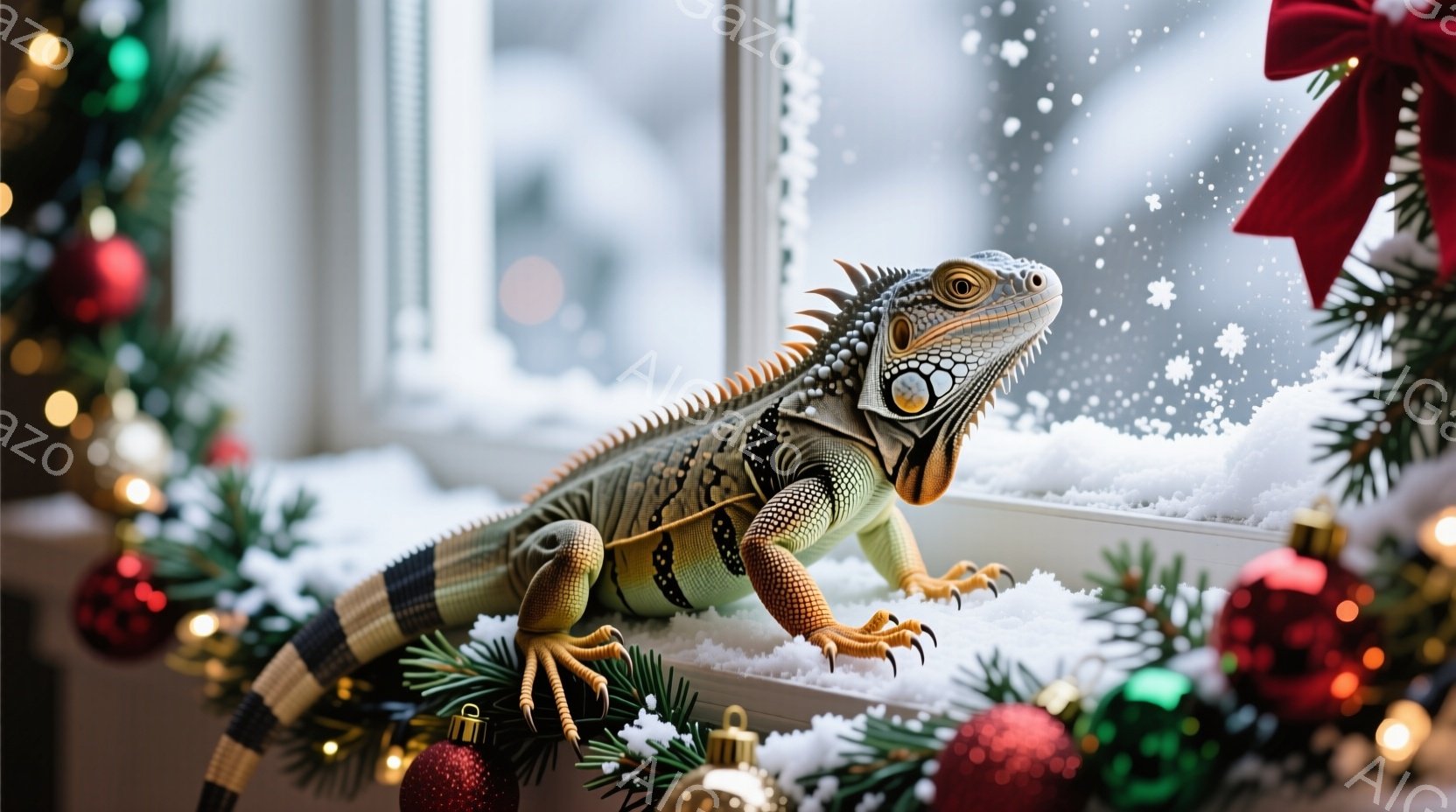 緑色のイグアナが雪の積もった窓辺に座っており、鋭い眼差しでこちらを見つめている。背景には、赤いオーナメントで飾られたクリスマスツリーがあり、雪が降る冬の景色がぼんやりと見える。暖かく、お祭り気分と冬の静けさが混ざり合った、ユニークな雰囲気を作り出している。