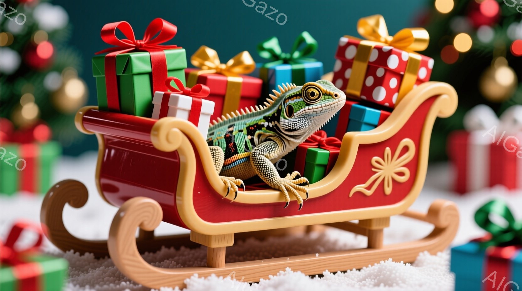 赤いそりに、緑色のトカゲが座っています。そりは、様々な色の包装紙で包まれたプレゼントでいっぱいになっており、背景には雪景色が広がっています。全体的にクリスマスらしい、陽気で楽しい雰囲気です。 - AI生成フリー素材