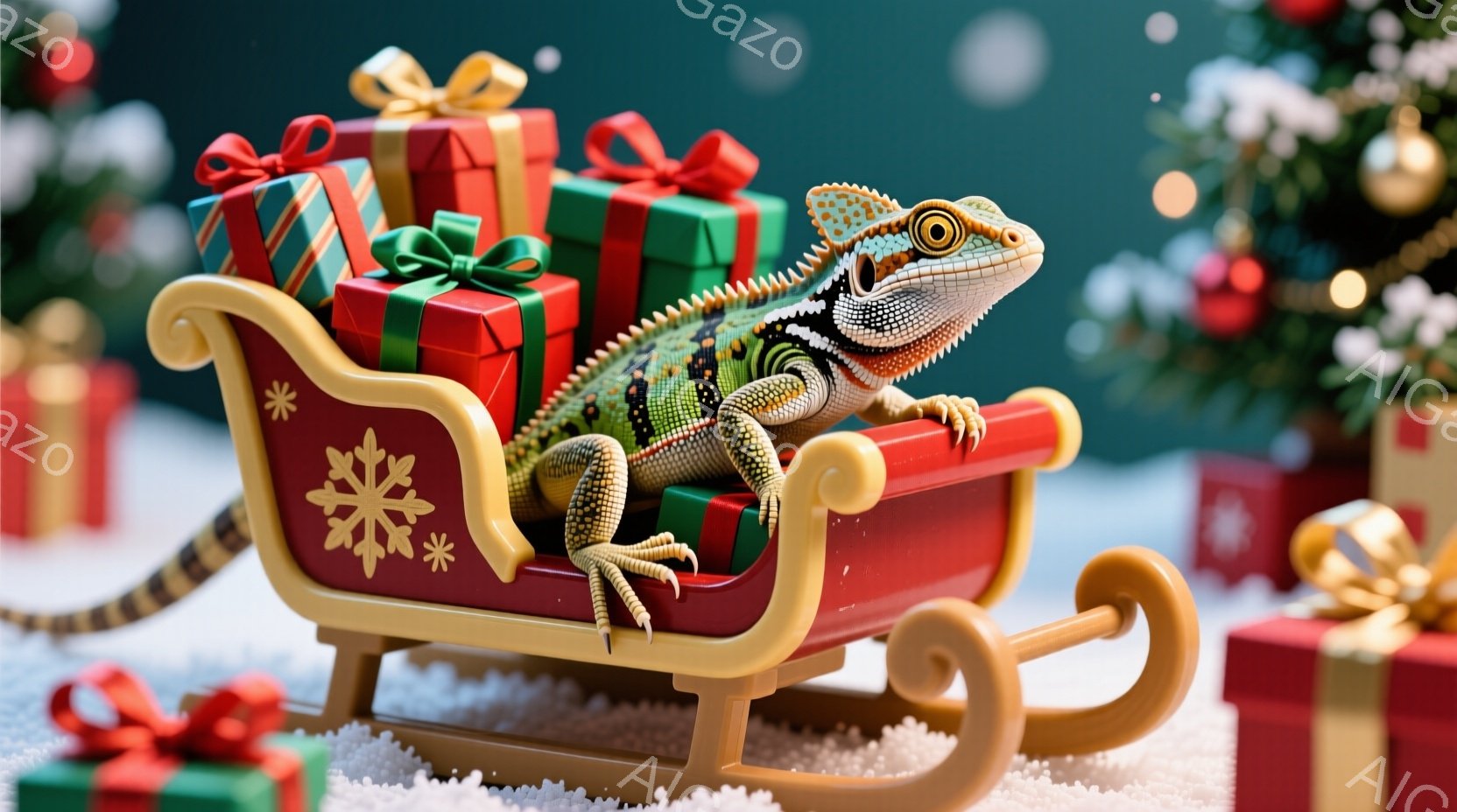 クリスマスをテーマにした写真には、赤色のそりに乗ったトカゲが描かれています。トカゲは鮮やかな緑とオレンジの模様を持ち、そりには緑と赤のリボンで飾られたプレゼントの山が積まれています。背景にはぼやけたク - AI生成フリー素材