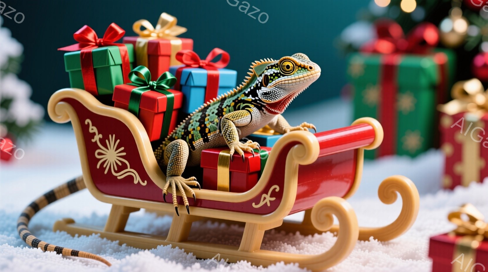 赤いそりにトカゲが乗り、プレゼントの山を背景にしています。トカゲは鮮やかな色合いで、少し驚いた表情をしています。背景にはクリスマスツリーや他のプレゼントがぼやけて見え、冬のホリデースピリットを感じさせ - AI生成フリー素材