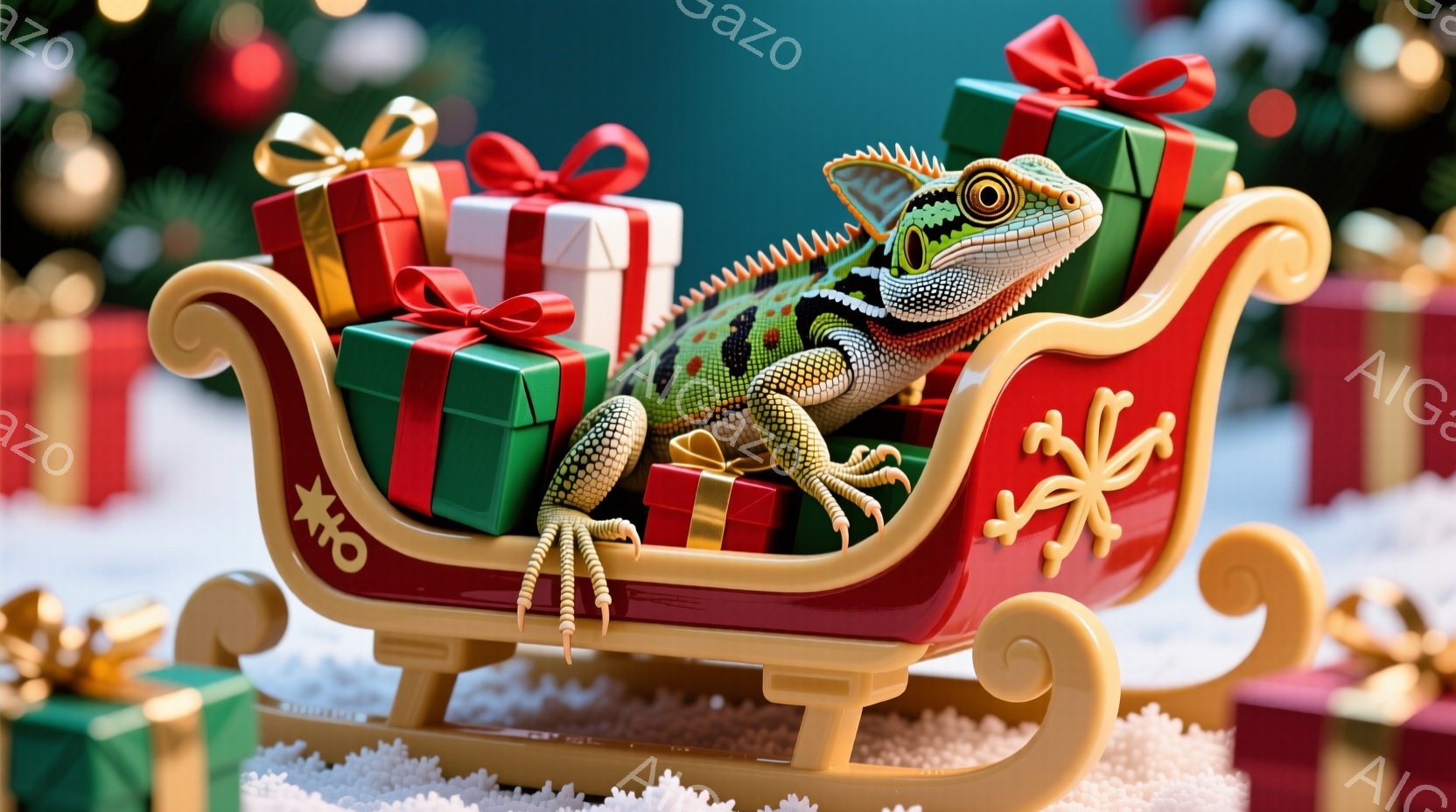カメレオンがクリスマスソリに座り、プレゼントの山を見守っています。ソリは金色の装飾が施され、雪の上に置かれています。背景にはぼやけたクリスマスツリーの飾りが見え、全体的に暖かく、お祝いムードに満ちた雰 - AI生成フリー素材