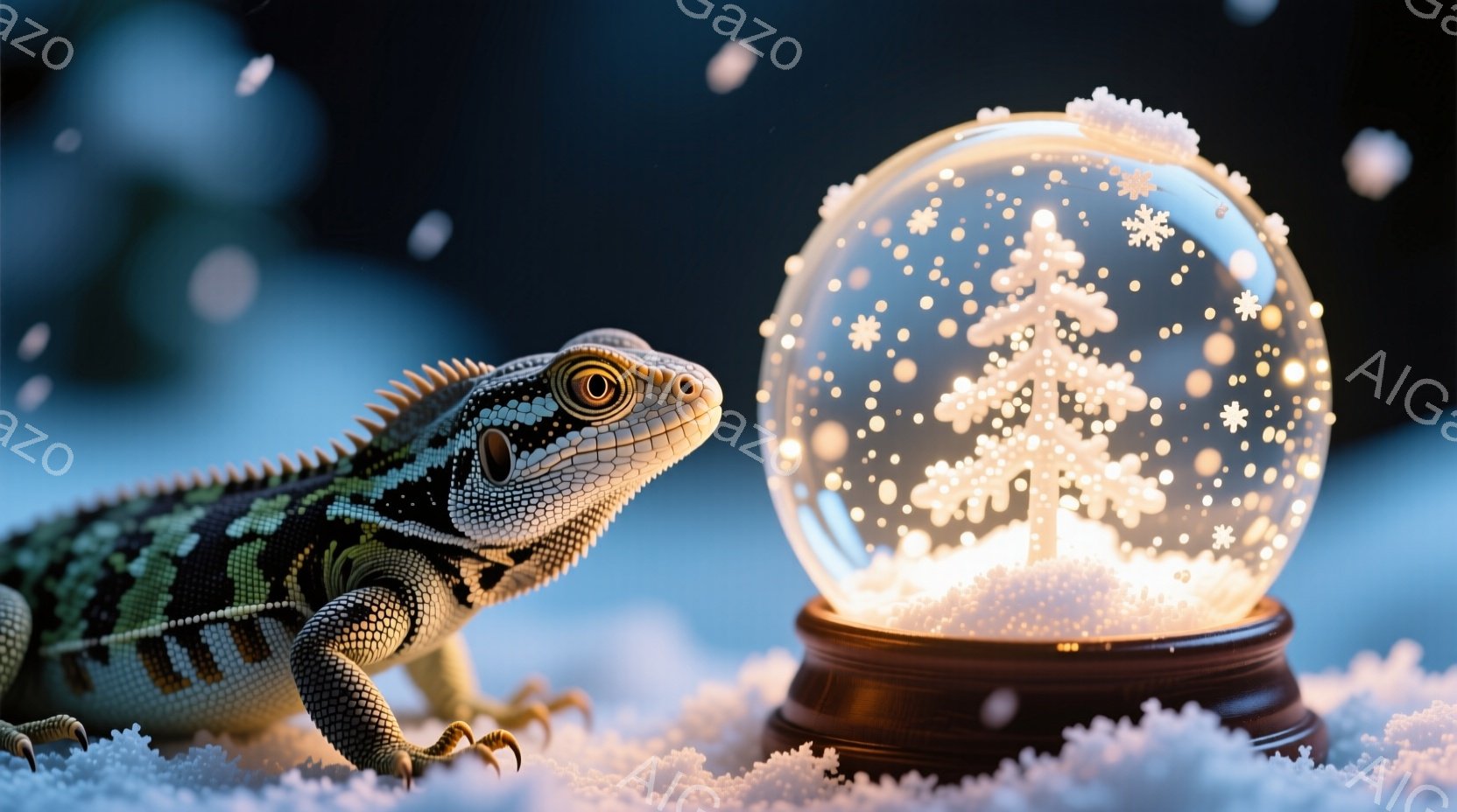鮮やかな模様を持つヒョウモントカゲモドキが、雪の上にちょこんと座り、クリスマスのオーナメントであるスノーグローブを見つめています。スノーグローブの中には雪景色と小さなクリスマスツリーがあり、温かい光を - AI生成フリー素材