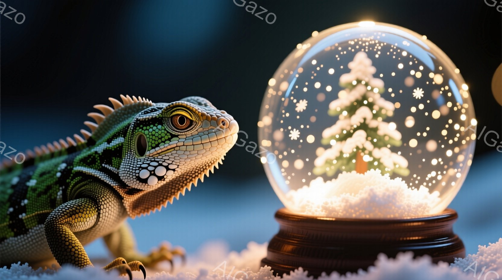 緑色のイグアナが雪景色が閉じ込められたグラスボールを興味津々に見つめています。イグアナは雪の上に横たわり、鋭い爪をむき出しにして、前足を伸ばしています。背景は暗く、グラスボールからの暖かく優しい光が雪の上のイグアナを照らし、冬の幻想的な雰囲気を醸し出しています。