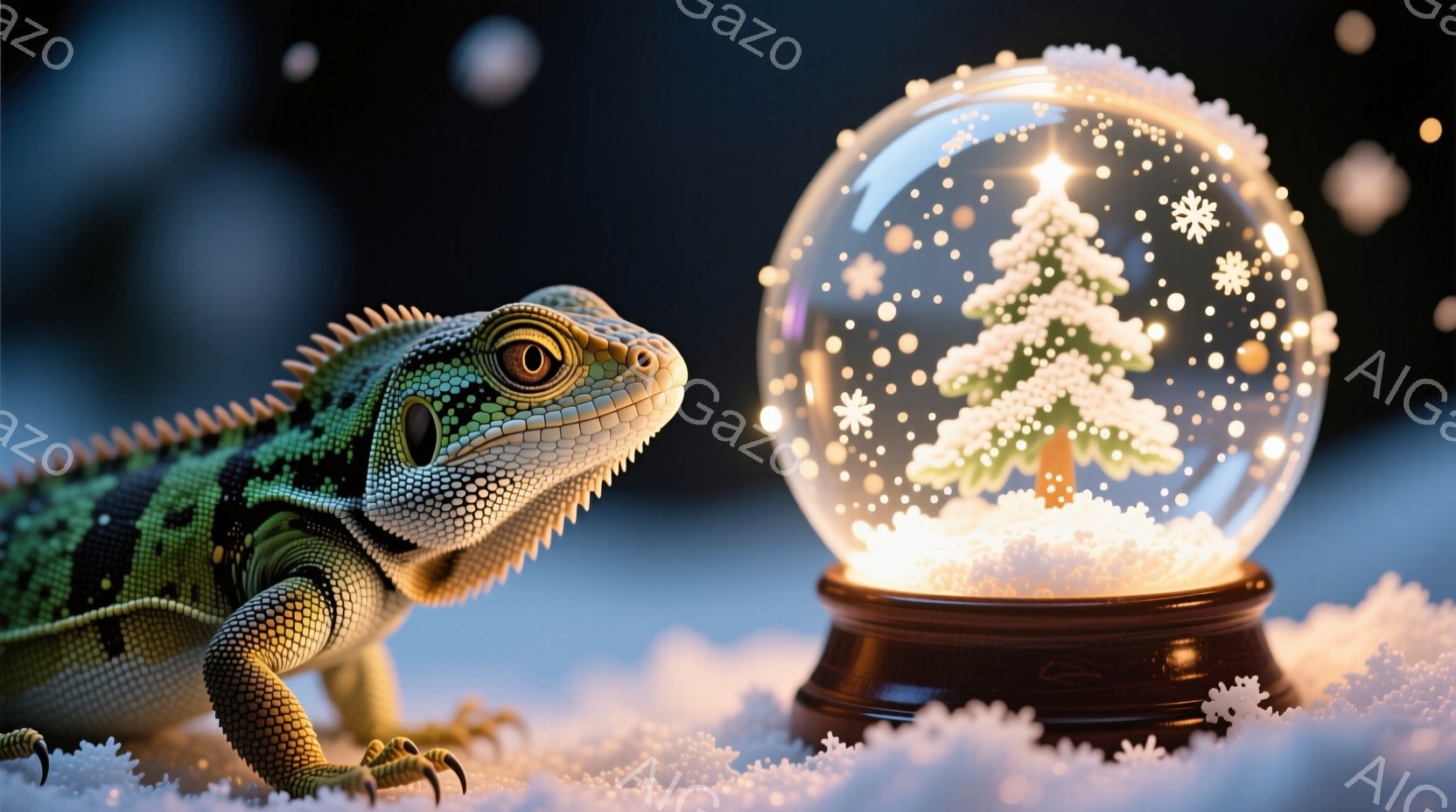 緑色のトカゲが雪の上に横たわり、クリスマスの雪の結晶が舞うガラスのオーナメントを見つめています。オーナメントの中には、雪で覆われたクリスマスツリーがあり、暖かく穏やかな雰囲気を醸し出しています。背景は - AI生成フリー素材