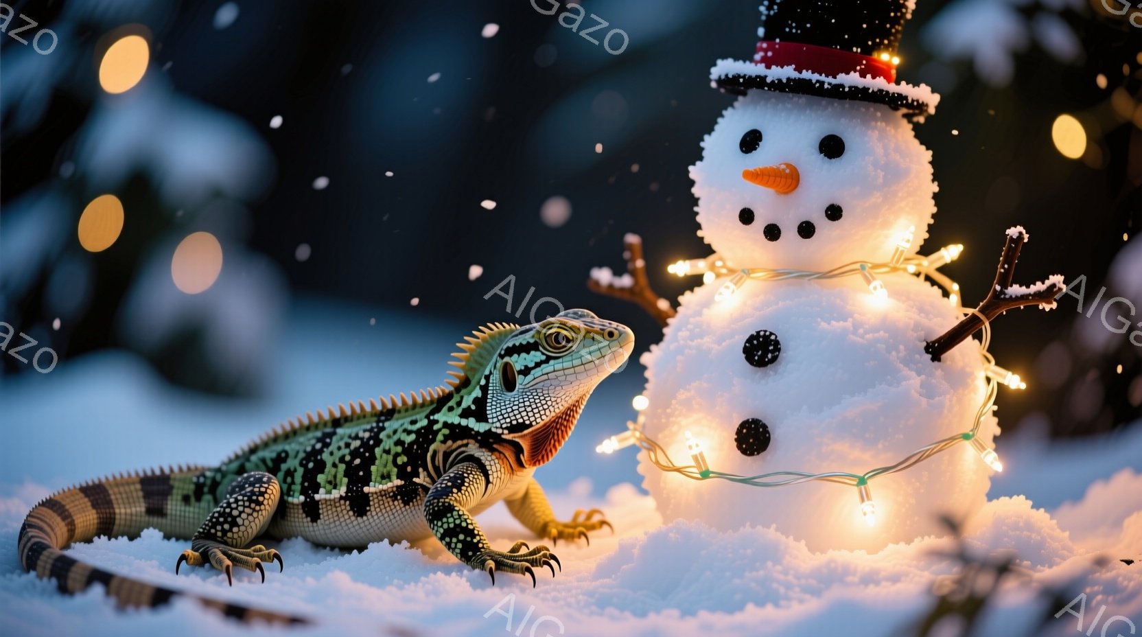 白い雪の上に、トカゲと雪だるまが並んでいます。雪だるまは、にんじんの鼻と石の目、そしてクリスマスの電飾で飾られ、頭にはシルクハットをかぶっています。トカゲは緑と黒の模様があり、雪の上で前足を伸ばし、雪だるまを見つめるような姿勢をとっています。