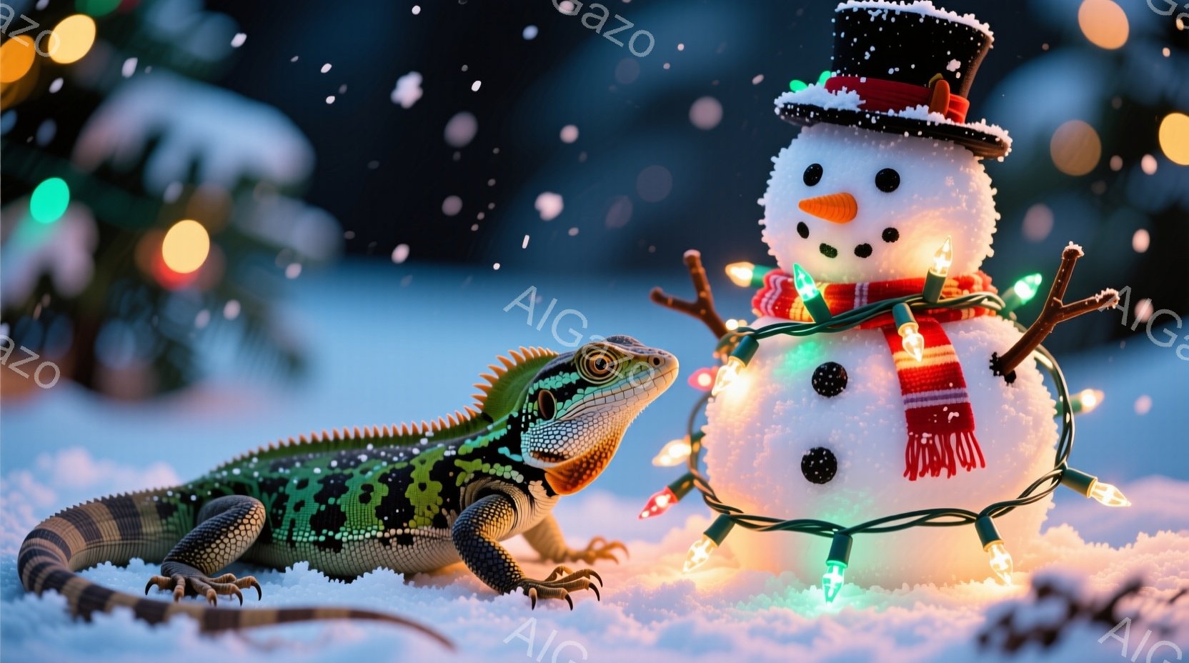 雪景色の中に、鮮やかな緑色のトカゲと雪だるまが写っています。雪だるまは、黒い帽子と赤いマフラーを身につけ、カラフルな電飾で飾られ、にっこりとした表情をしています。トカゲは前足を伸ばして雪の上に伏せ、雪 - AI生成フリー素材