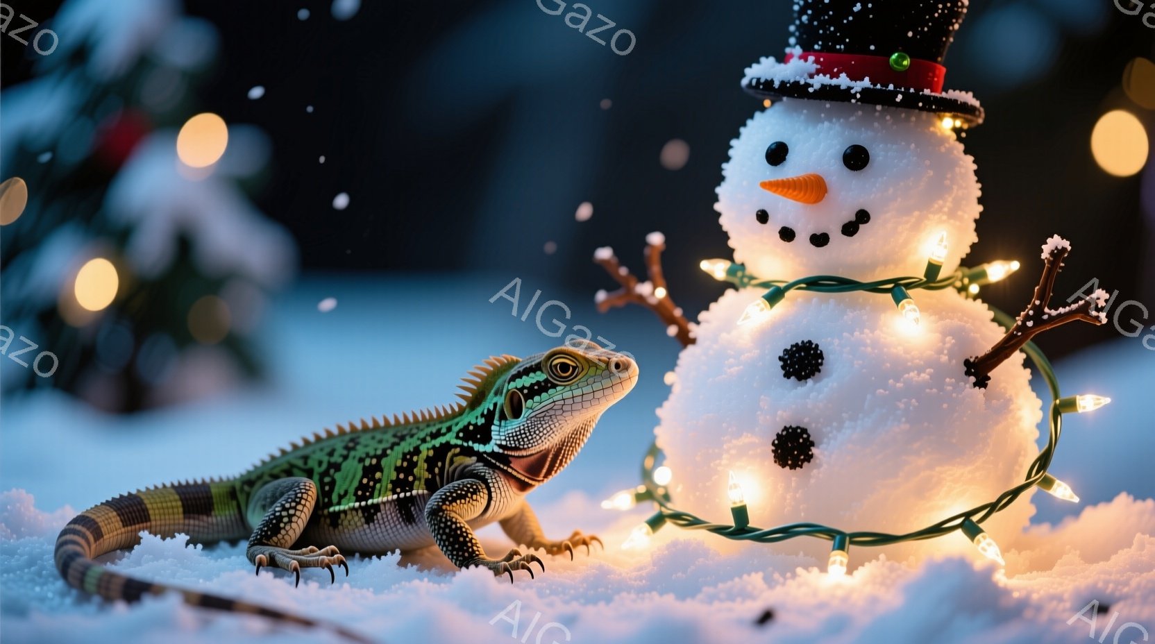 雪景色の中に、緑色のイグアナが雪だるまと共に写っている。雪だるまは伝統的な形をしており、にんじんの鼻と石ころの目、そして口は炭で描かれている。背景にはぼやけたクリスマスツリーが見え、暖色のライトが散りばめられており、冬の穏やかな祝祭の雰囲気を醸し出している。