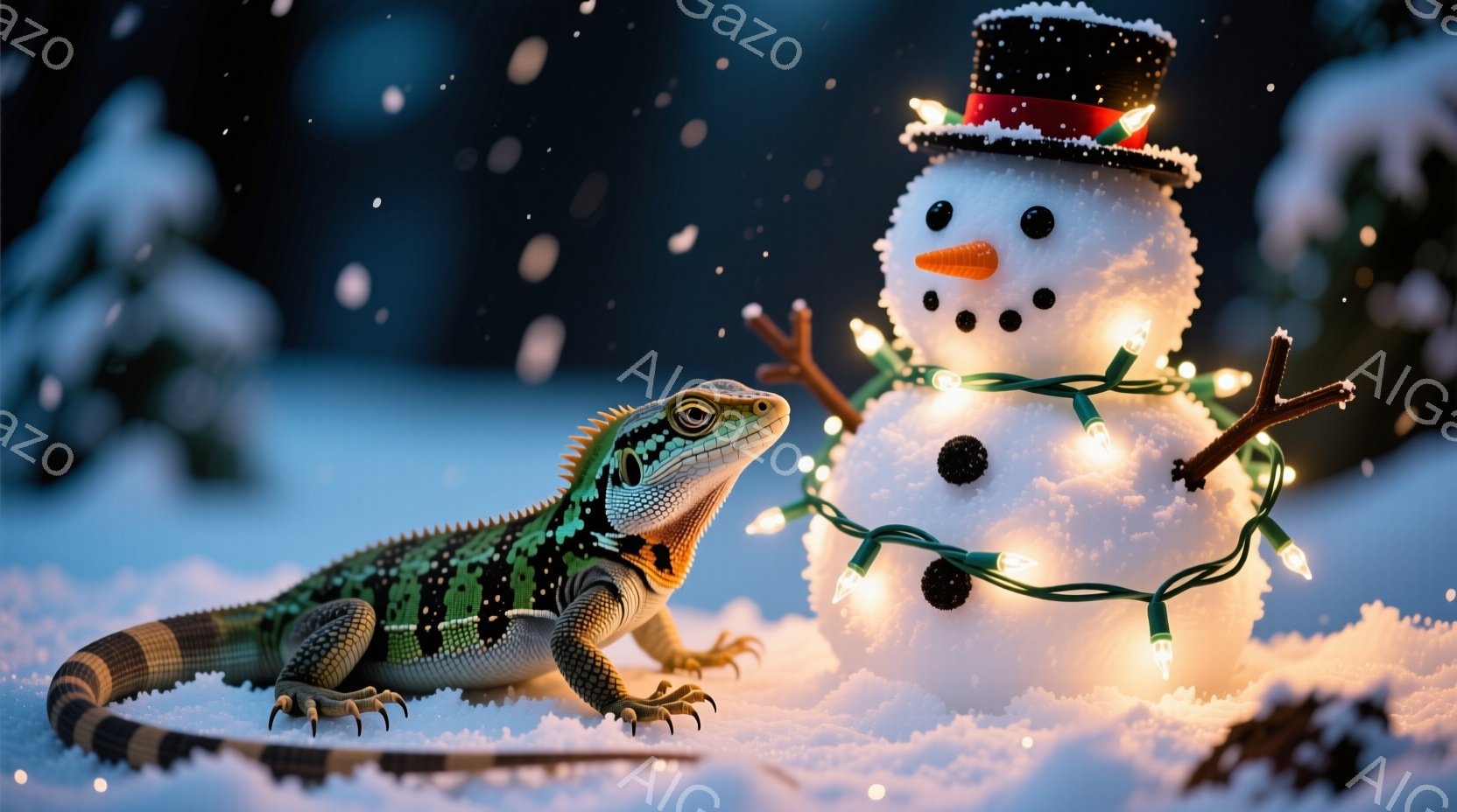 雪景色の中で、緑と黒の模様を持つトカゲが雪だるまと一緒に写っています。雪だるまは帽子をかぶり、オレンジ色の鼻と炭で描かれた目と口を持っています。周りには光るクリスマスライトが飾られており、穏やかでクリ - AI生成フリー素材