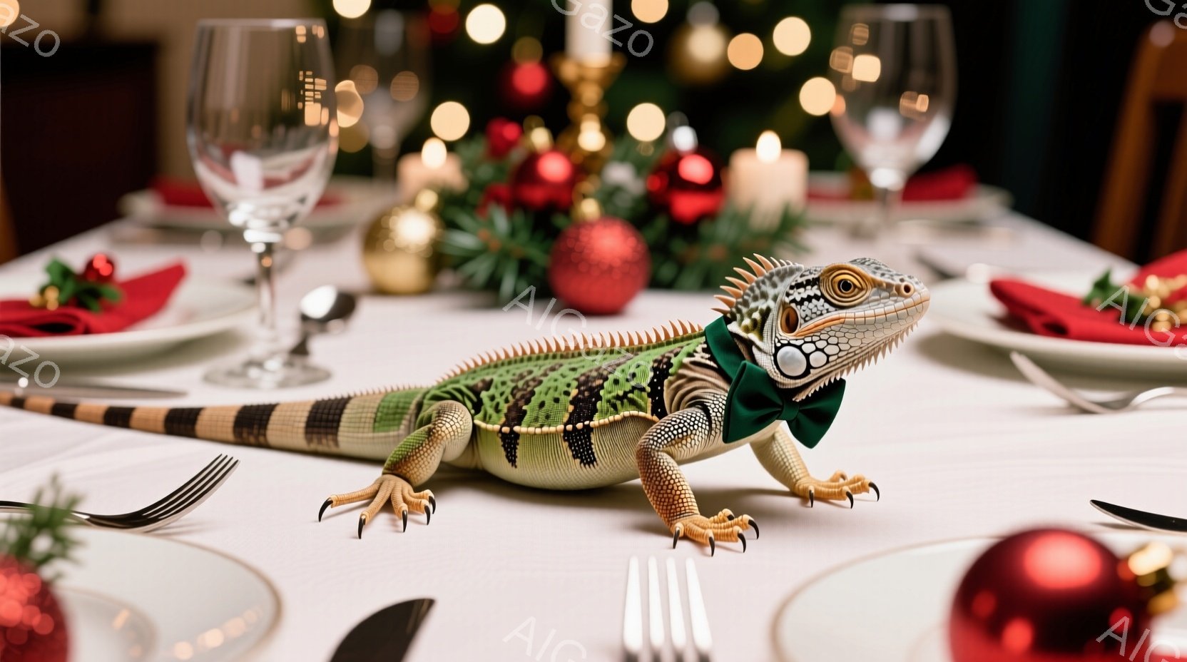 白いテーブルクロスが敷かれたテーブルの上を、ヒゲトカゲが歩いている。緑色の蝶ネクタイを着用し、正面を見据えており、まるで特別な晩餐会に招待されたような雰囲気である。背景には、クリスマスオーナメントやぼやけた光が散りばめられ、華やかで暖かい祝祭の雰囲気を醸し出している。