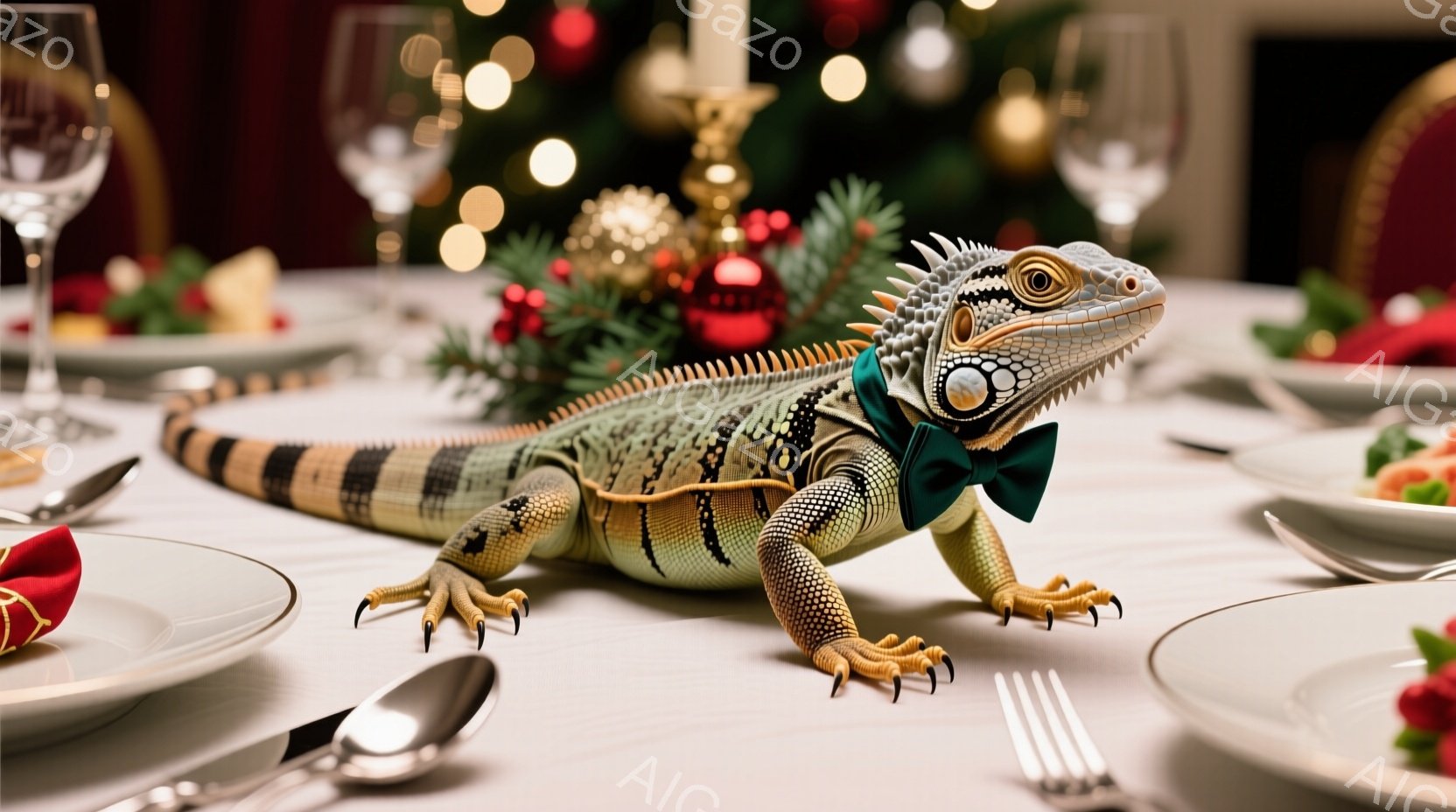 クリスマスをテーマにしたテーブルの上に、襟付きのボウタイをしたトカゲがいます。トカゲは鮮やかな緑色と黒色の模様で、明るいオレンジ色の爪と足を持っています。背景にはクリスマスツリーや装飾がぼやけており、豪華で遊び心のある雰囲気を醸し出しています。
