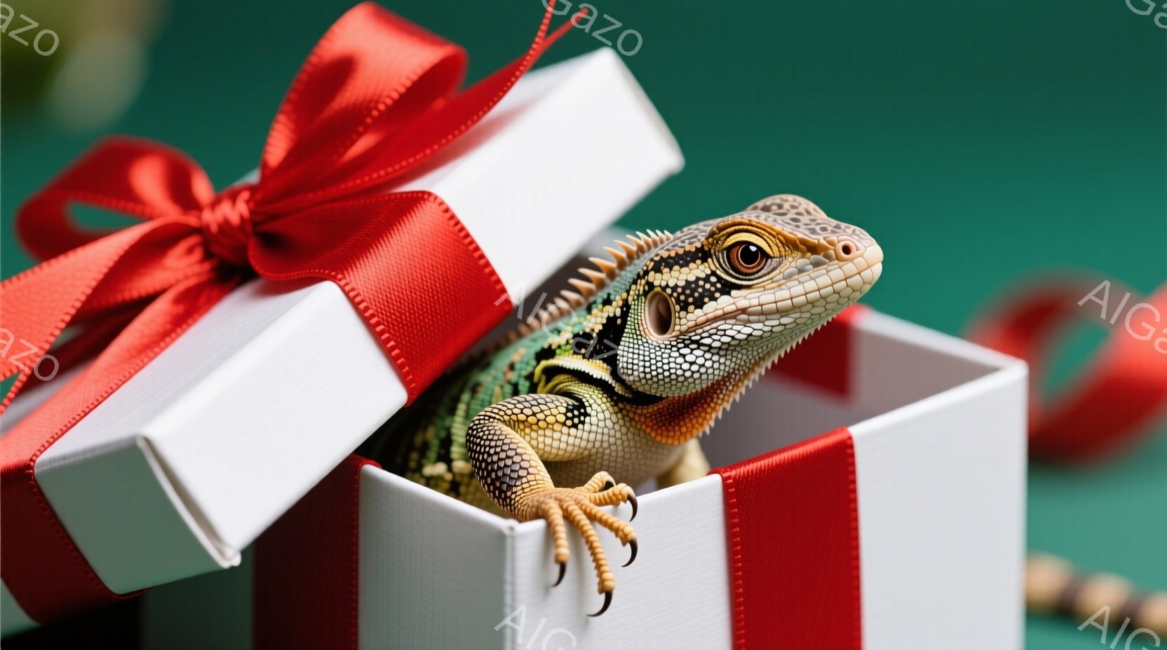 開いたギフトボックスから、美しい模様のトカゲが顔を出しています。トカゲは明るいオレンジ色と黒色の模様を持ち、鋭い爪をボックスの縁にかけるようにしています。背景は深緑色で、赤いリボンがギフトボックスを飾 - AI生成フリー素材