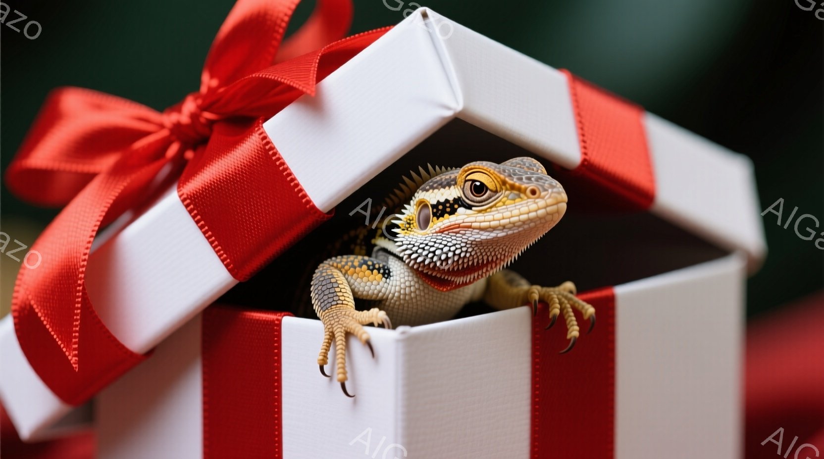 白いギフトボックスの中から、ヒゲトカゲが顔を出しています。その表情は少し驚いたようであり、小さな前足で箱の縁につかまっています。背景はぼやけていますが、赤い装飾が見え、お祝いの雰囲気を感じさせます。