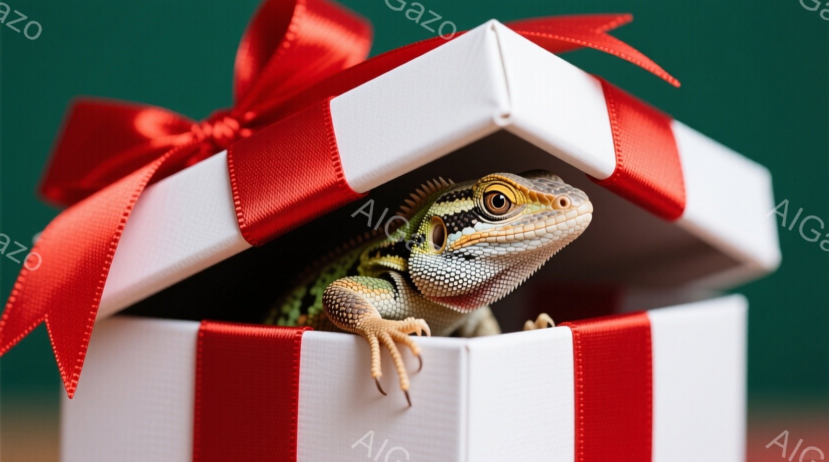 白いギフトボックスから頭を出しているのは、鮮やかな緑色の鱗を持つトカゲです。トカゲは好奇心旺盛な表情でカメラを見つめ、細い指をボックスの縁に引っ掛けています。背景は深緑色で、ギフトボックスとトカゲのコ - AI生成フリー素材