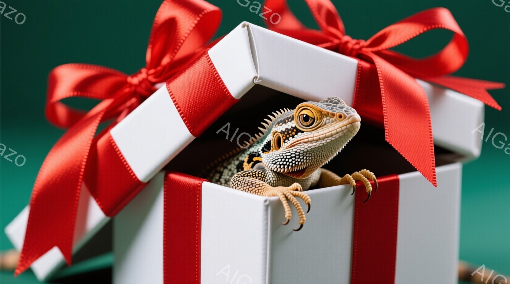 白いギフトボックスの中から、ヒゲトカゲが顔を出しています。明るい緑色の背景に、赤いリボンが華やかさを添えており、ヒゲトカゲは好奇心旺盛な表情でこちらを見ています。全体的に、プレゼントを開ける喜びや、可愛らしい雰囲気が伝わってきます。