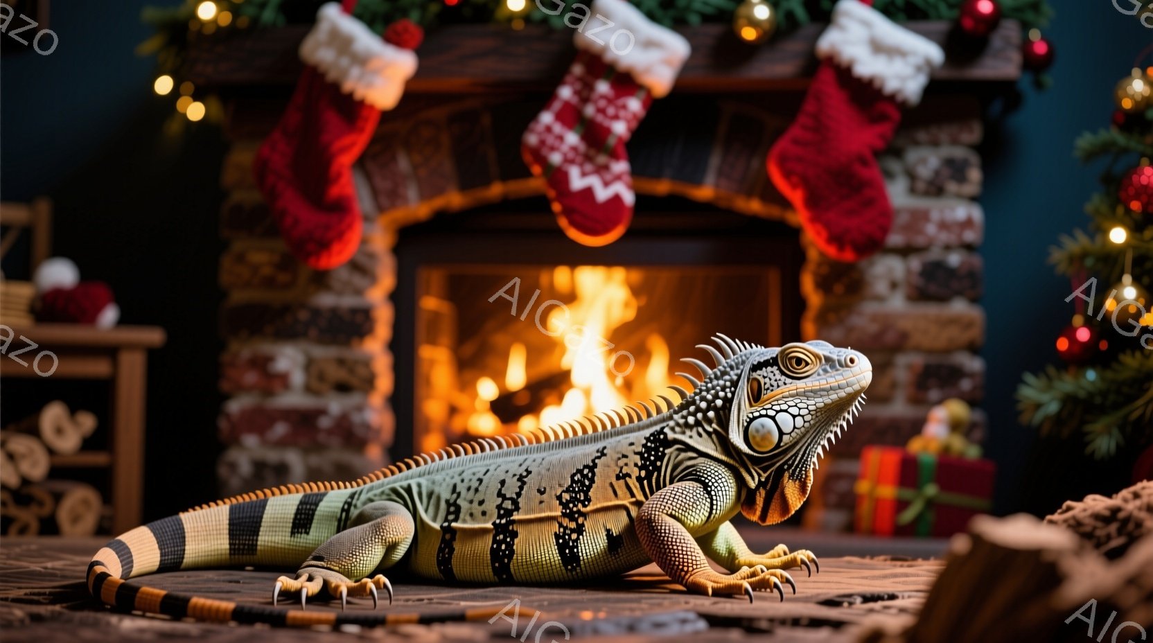 暖炉の前には、鮮やかな緑色のイグアナが横たわっています。クリスマスの飾り付けがされた暖炉、赤いクリスマスストッキング、そしてプレゼントボックスが背景にあり、全体的に温かく、お祝いの雰囲気を醸し出しています。イグアナはリラックスした姿勢で、まるでクリスマスの祝祭を楽しんでいるかのようです。