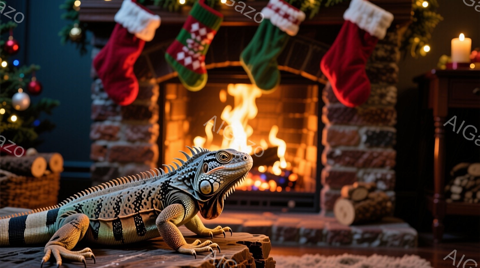 暖炉の前でイグアナが木の上に座っている様子が描かれている。背景にはクリスマスソックスが飾られ、暖炉の炎が部屋を温かく照らしている。全体的に、クリスマスの温かい雰囲気が漂う、居心地の良い室内空間である。