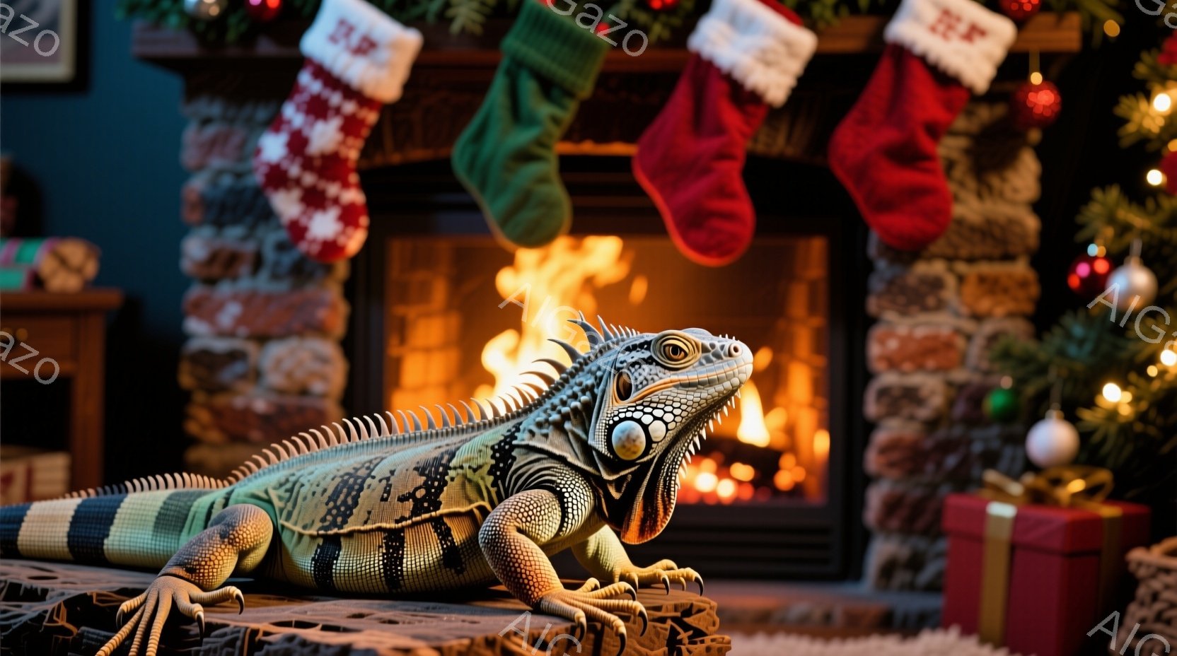 暖炉のそばに大きなイグアナが横たわっています。背景にはクリスマスツリーと靴下、そしてプレゼントボックスが見え、クリスマスシーズンの暖かい雰囲気を醸し出しています。イグアナはリラックスした様子で、好奇心 - AI生成フリー素材