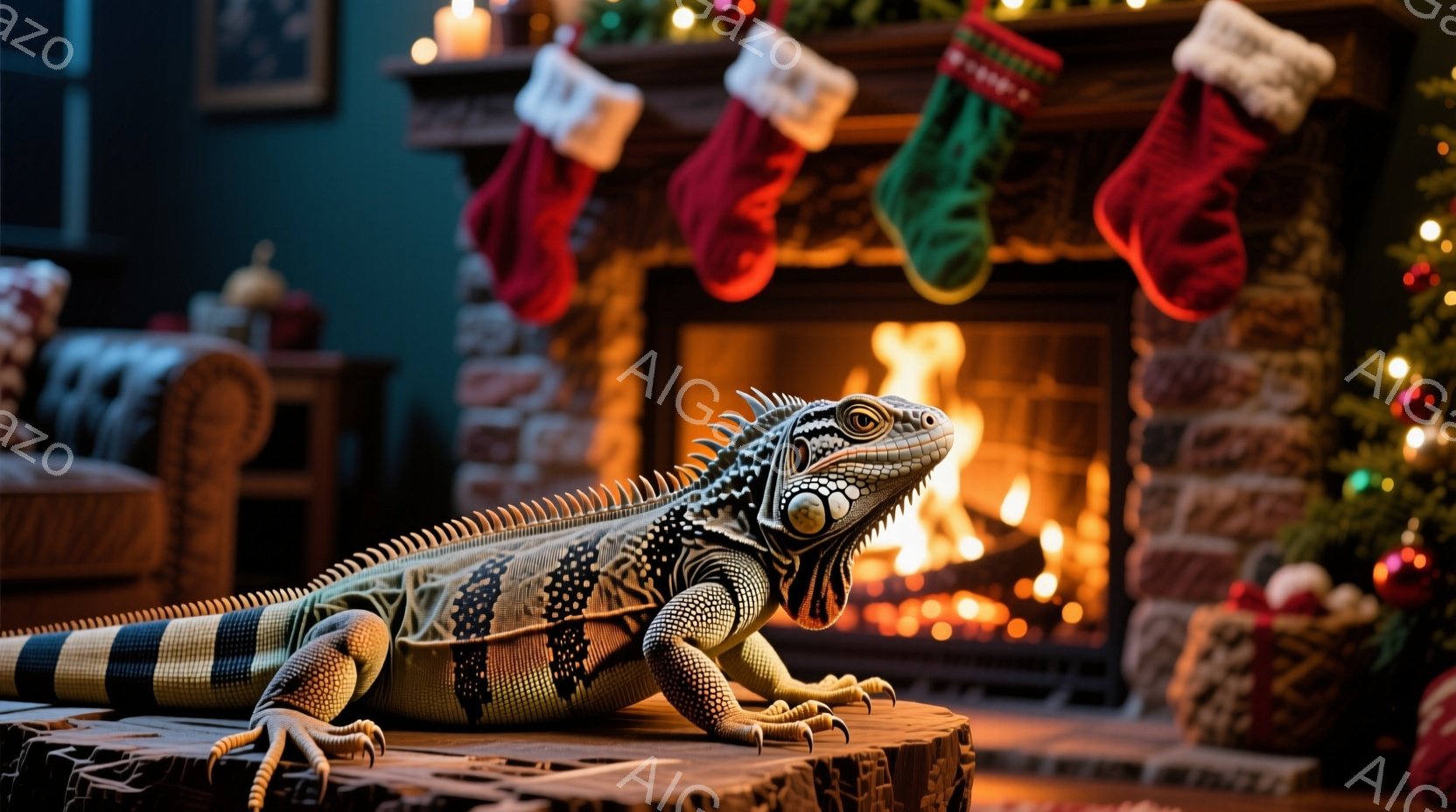 暖炉のそばに大きなイグアナが木の上に座っています。背景には、クリスマスツリーやクリスマスストッキングが飾られた居間があり、暖炉の炎が暖かく照らしています。全体的に、イグアナがリラックスした、居心地の良いクリスマスの雰囲気を醸し出しています。