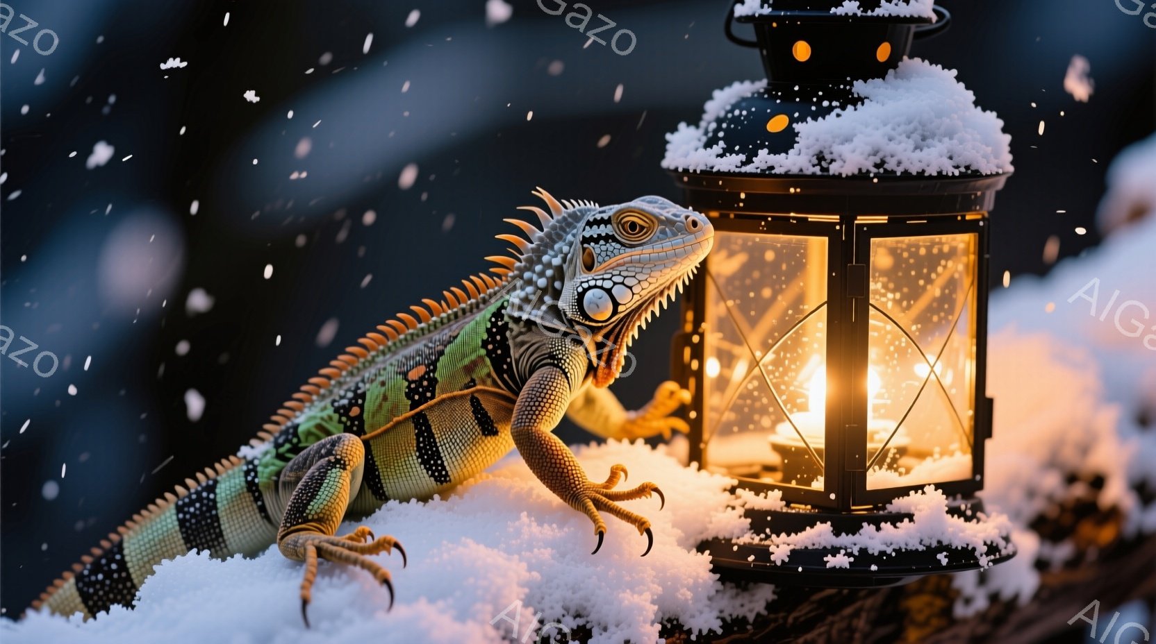白い雪の上に、鮮やかな緑色のイグアナが、アンティーク調のランタンの上に身を寄せている様子が描かれている。ランタンからは暖かな光が灯り、雪の上に白い影を落としている。背景は暗く、雪が舞い、幻想的で冬の静寂を感じさせる雰囲気である。