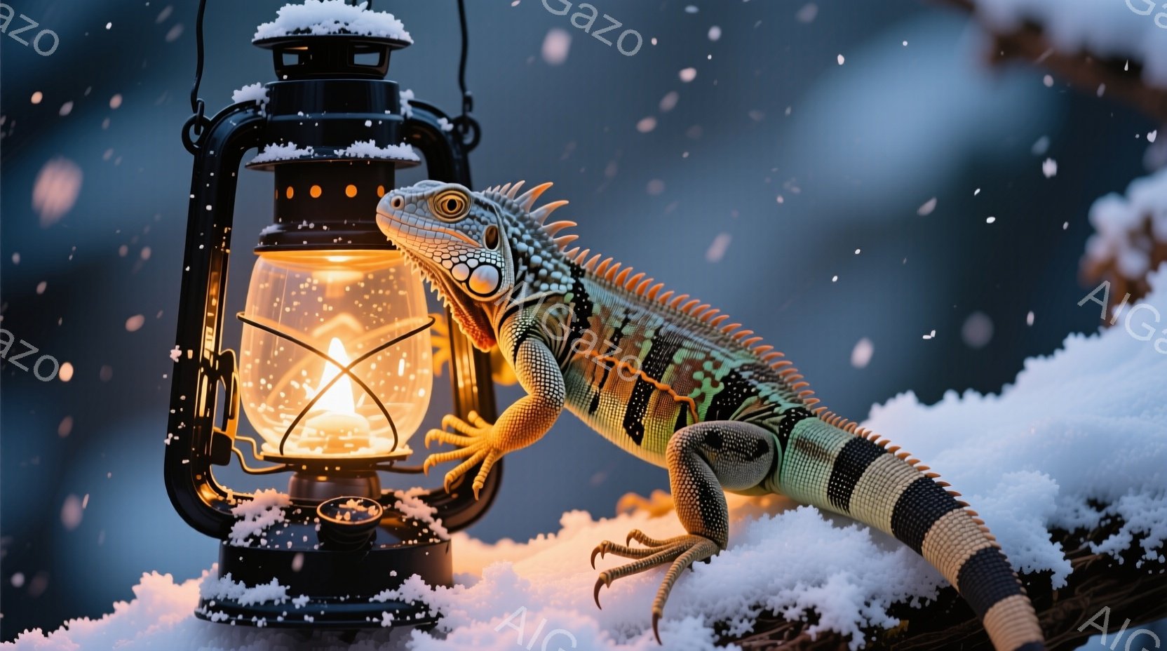 霜で覆われた枝に、鮮やかな緑と黒の縞模様を持つイグアナがとぐろを巻いており、その傍らに古風なオイルランプが置かれている。ランプは温かいオレンジ色の光を放ち、雪景色の中で静かに輝いている。背景は雪が舞う暗い森で、幻想的で寒々しい雰囲気を醸し出している。