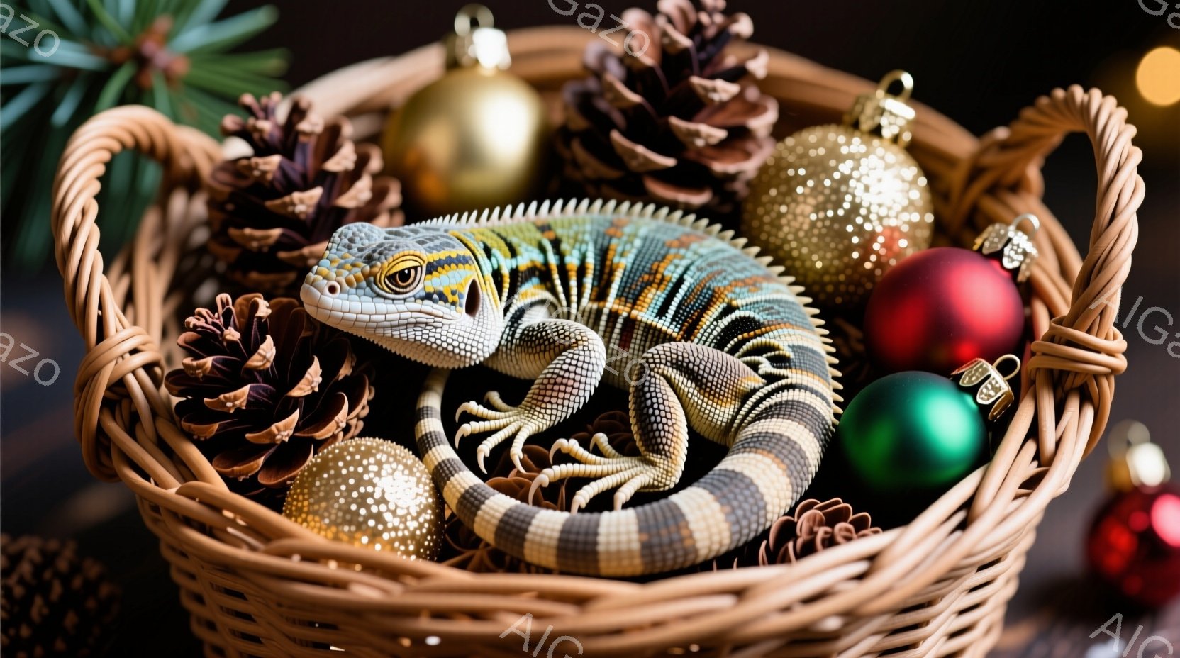 籠の中に、縞模様のトカゲが丸まってリラックスして横たわっています。籠の中には松ぼっくりや金色のクリスマスオーナメントが散りばめられており、クリスマスの雰囲気を感じさせます。背景は暗く、オーナメントの輝 - AI生成フリー素材