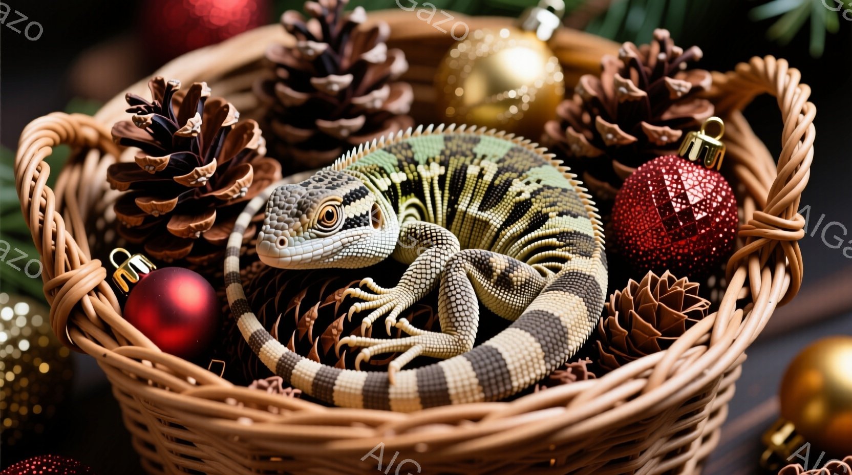 籠の中に、縞模様のトカゲが丸まって眠っている様子が捉えられています。籠の中には松ぼっくりやクリスマスオーナメントが散りばめられており、背景にはぼやけたクリスマスツリーが見えます。全体的に暖かく、冬のホ - AI生成フリー素材