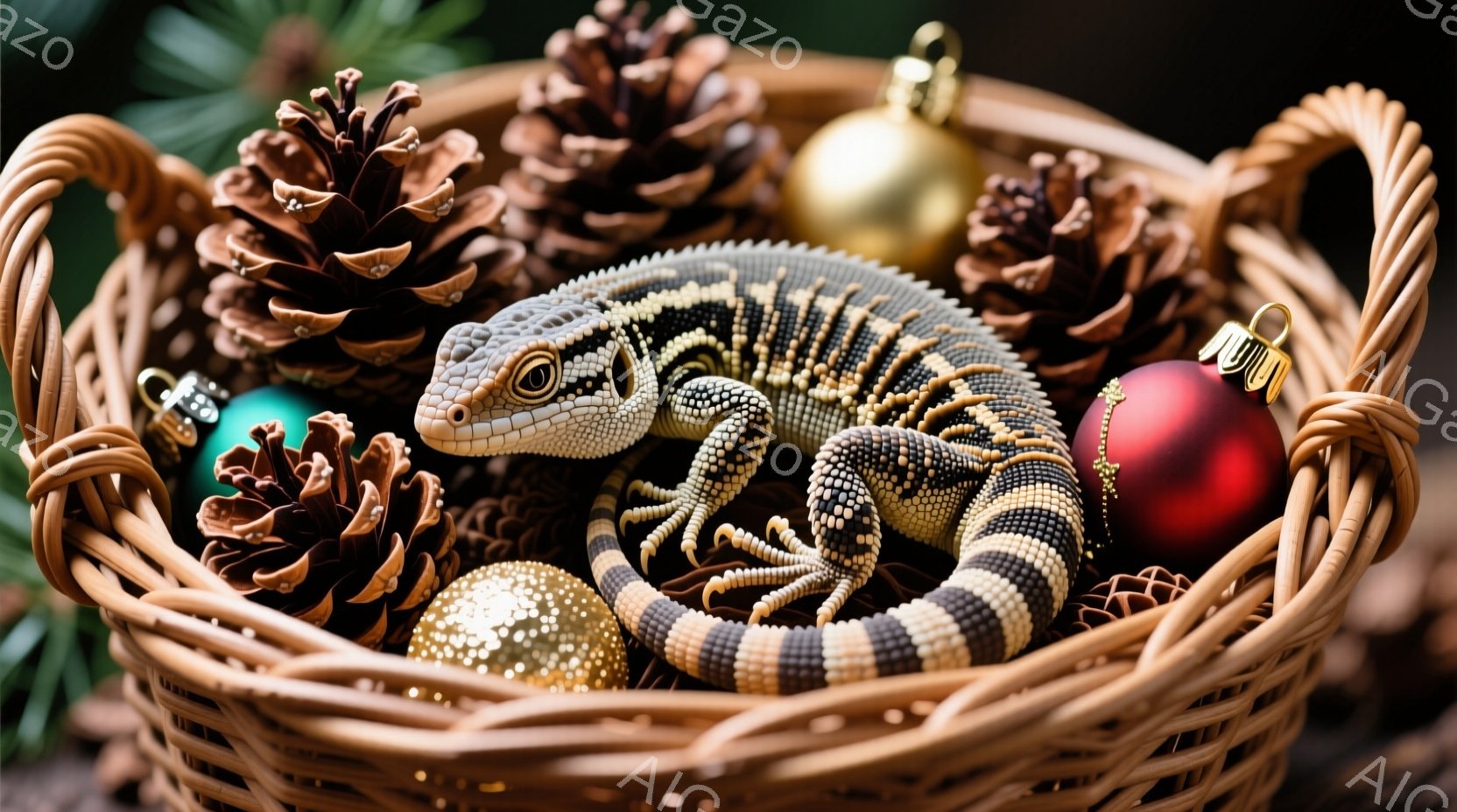 籠の中に、縞模様のトカゲが丸まって眠っているように横たわっています。籠には、いくつかの松ぼっくりと、赤、金、水色のクリスマスオーナメントが散りばめられています。全体的に、暖かく、冬の季節の雰囲気を醸し - AI生成フリー素材