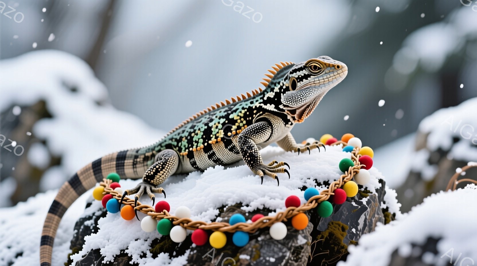 岩の上に、鮮やかな模様のトカゲがとぐろを巻いて座っています。カラフルなポンポンがついたガーランドが首の周りに巻き付けられ、背景には雪が降る冬の風景が広がっています。トカゲの表情は少し厳めしいですが、その姿は冬の寒さの中でも個性を際立たせています。