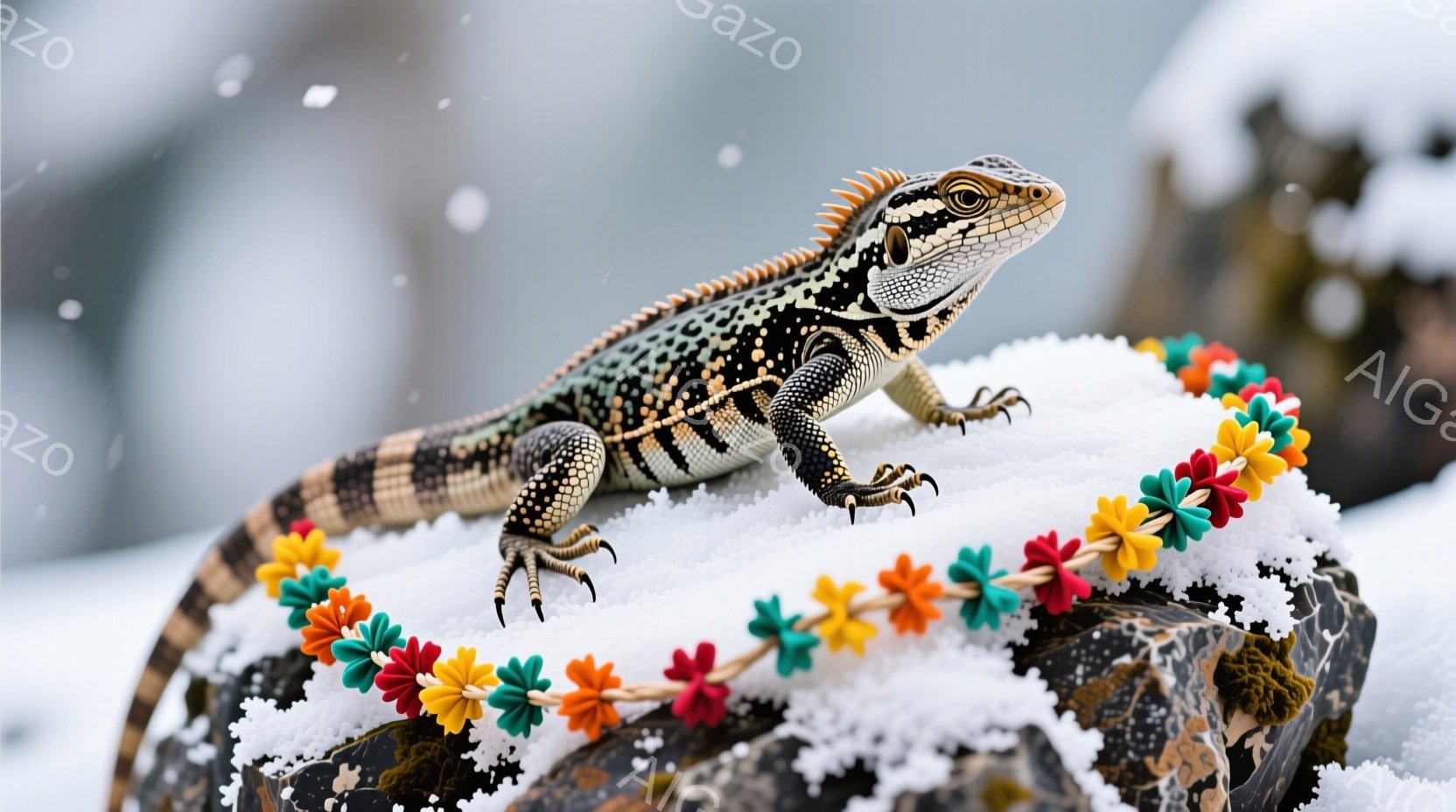 鮮やかな色の花飾りを首に巻いたリザードが、雪と苔むした岩の上に悠々と佇んでいます。その模様は黒と白のストライプで、背びれのようなものが特徴的です。背景は雪景色で、寒々しいながらもリザードの鮮やかな色彩 - AI生成フリー素材