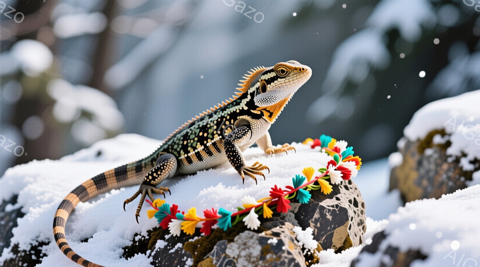 鮮やかな色の花飾りを首に巻いたヒョウモントカゲモドキが、雪に覆われた岩の上に堂々と佇んでいます。その体は黒と白の模様で覆われ、鮮やかなオレンジ色の髭が特徴的です。背景は雪景色で、冷たい冬の雰囲気が漂っています。