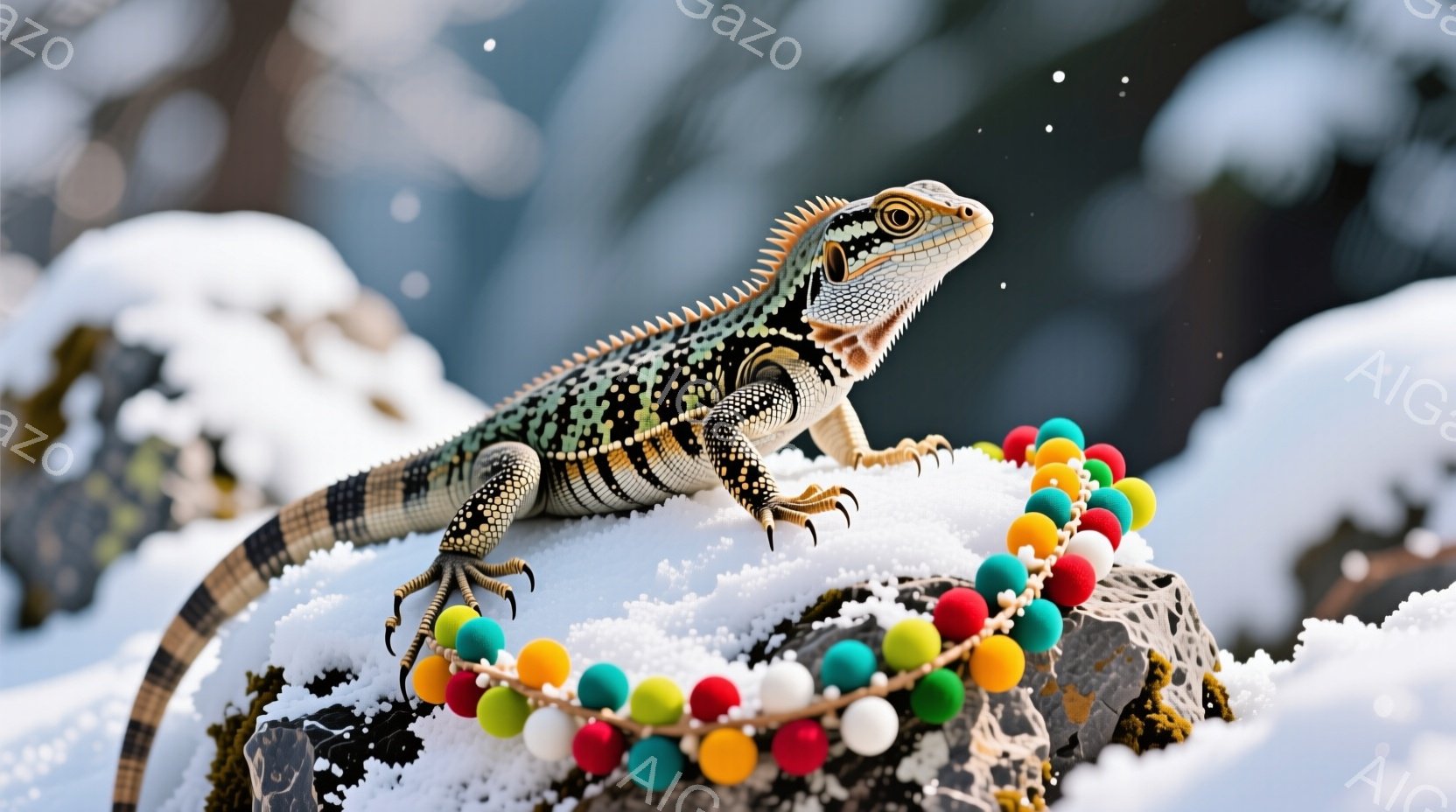鮮やかな色彩のビーズが積もった雪の上に巻き付けられた岩の上に、トカゲが堂々と佇んでいます。トカゲは黒と白の模様が特徴的で、鮮やかな緑色のラインが通っており、鋭い眼差しで何かを見つめています。背景は雪景色で、冷たい冬の空気を感じさせ、トカゲの独特な存在感が際立っています。