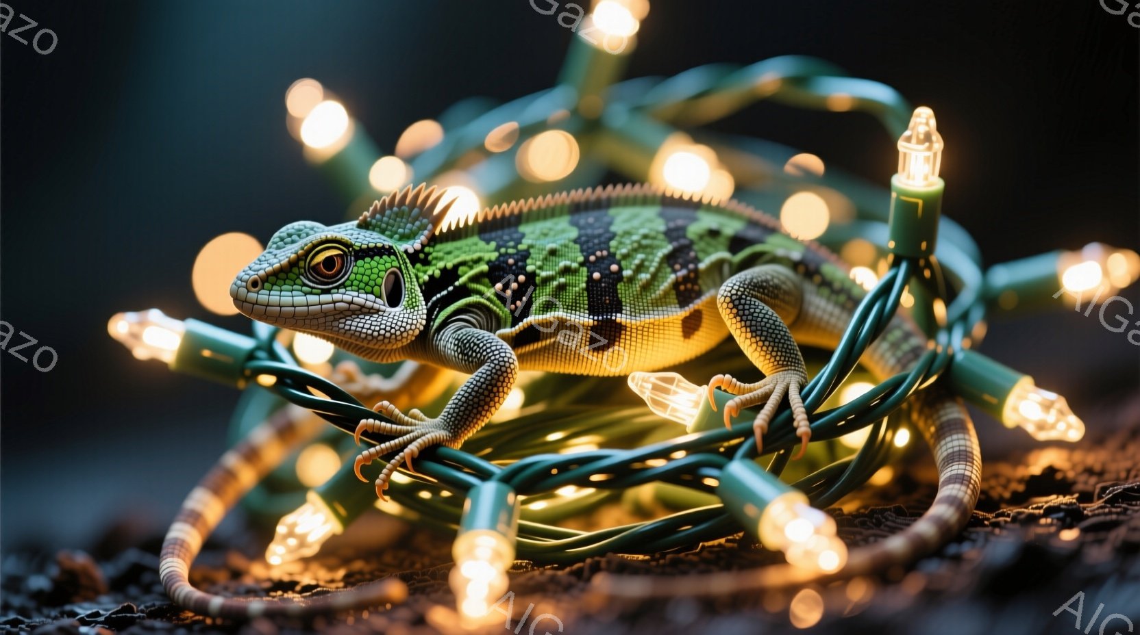 明るい緑色のクリスマスライトに覆われた、鮮やかな緑色のイグアナが写っている。イグアナは正面を向き、落ち着いていて、小さな黒い目でカメラを見ている。背景は暗く、ライトが照らされた地面は粗い土の質感を示し、全体的に幻想的で遊び心のある雰囲気を醸し出している。