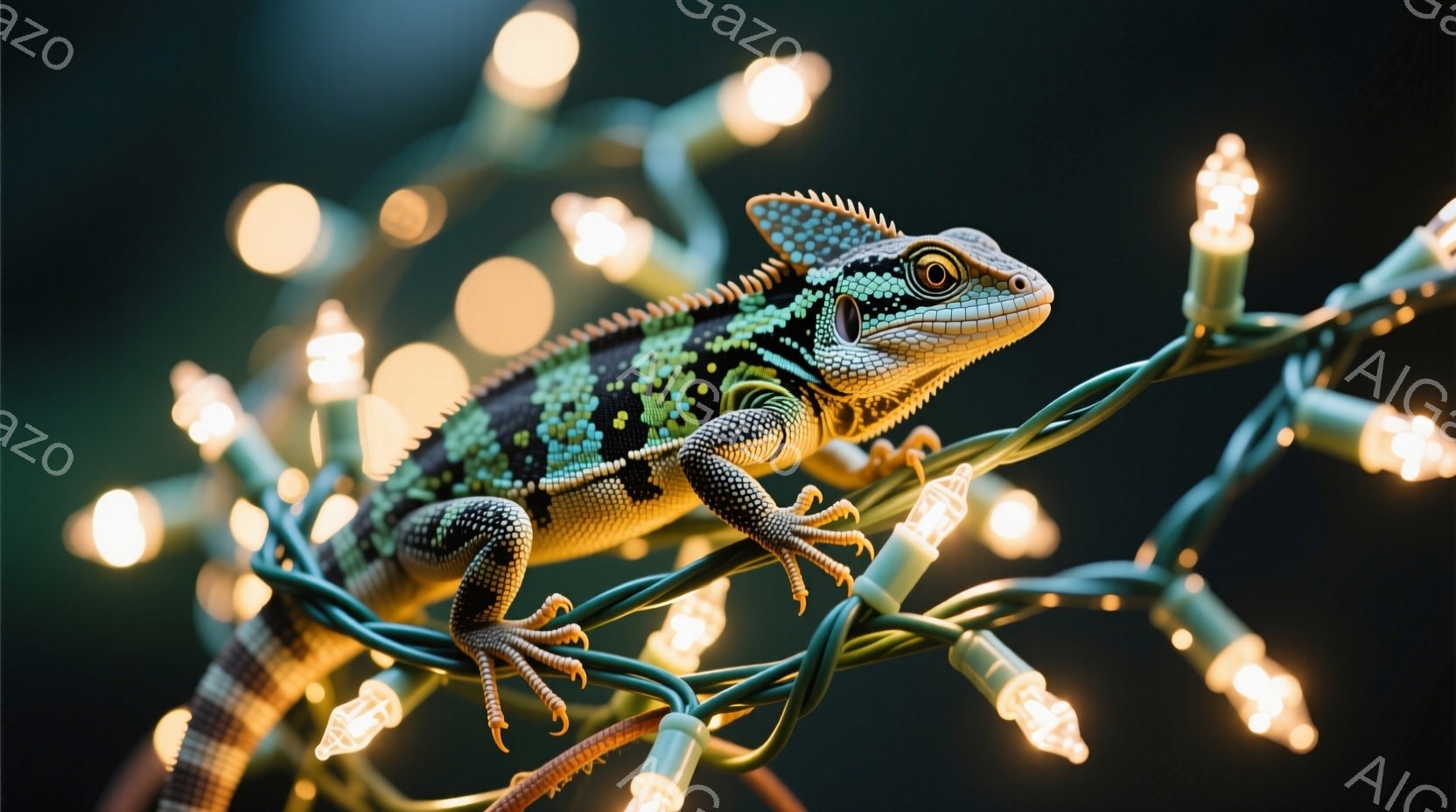 カメレオンが光るクリスマスツリーの飾り付けに巻き付いており、鮮やかな緑と黒の模様が特徴的です。その表情は穏やかで、細い指でしっかりと飾り付けに掴まっています。背景は暗く、ツリーのライトが温かく幻想的な - AI生成フリー素材