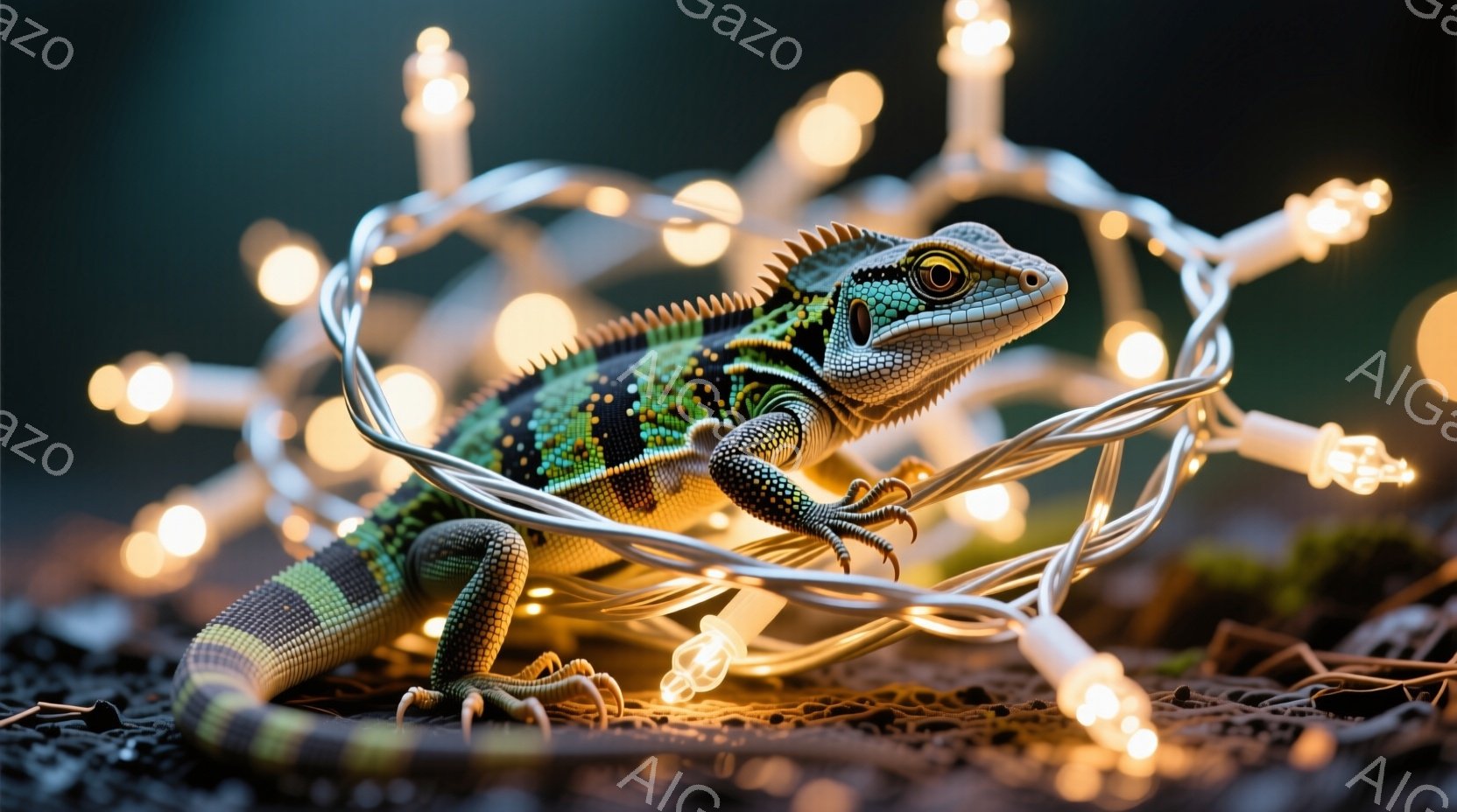 鮮やかな緑と黒の模様を持つ小型のトカゲが、ねじれた電飾の光の輪の中にいます。トカゲは地面に身を寄せ、鋭い爪を広げた前足でしっかりと踏ん張っています。背景は暗く、地面には枯れ葉や小枝が散らばっており、幻想的な雰囲気を醸し出しています。