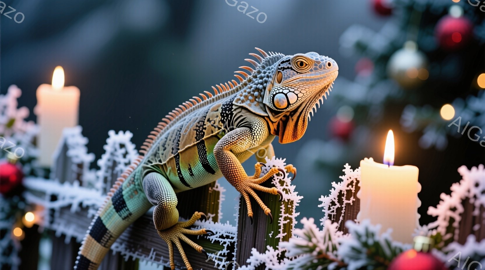 緑とクリーム色のイグアナが、霜で覆われた木の枝にとまっており、鋭い視線でこちらを見ている。背景にはぼやけたクリスマスツリーと点灯したキャンドルがあり、冬の暖かく幻想的な雰囲気を醸し出している。イグアナの鮮やかな色彩が、背景の温かい光とコントラストをなしている。